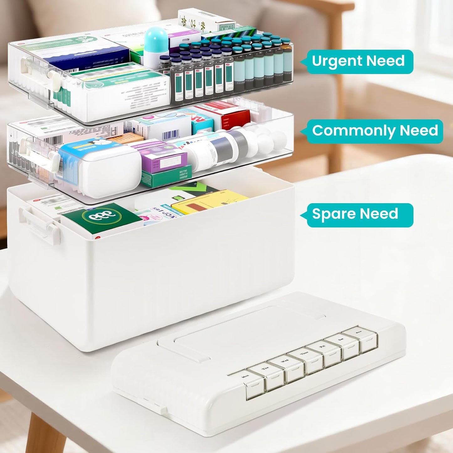 3-Tier Medicine Cabinet Organizer, Portable Medicine Cabinet with Handle, Large Capacity Medicine Storage Box, Multipurpose Medical Box with Pill Box, Empty First Aid Kit for Home, White