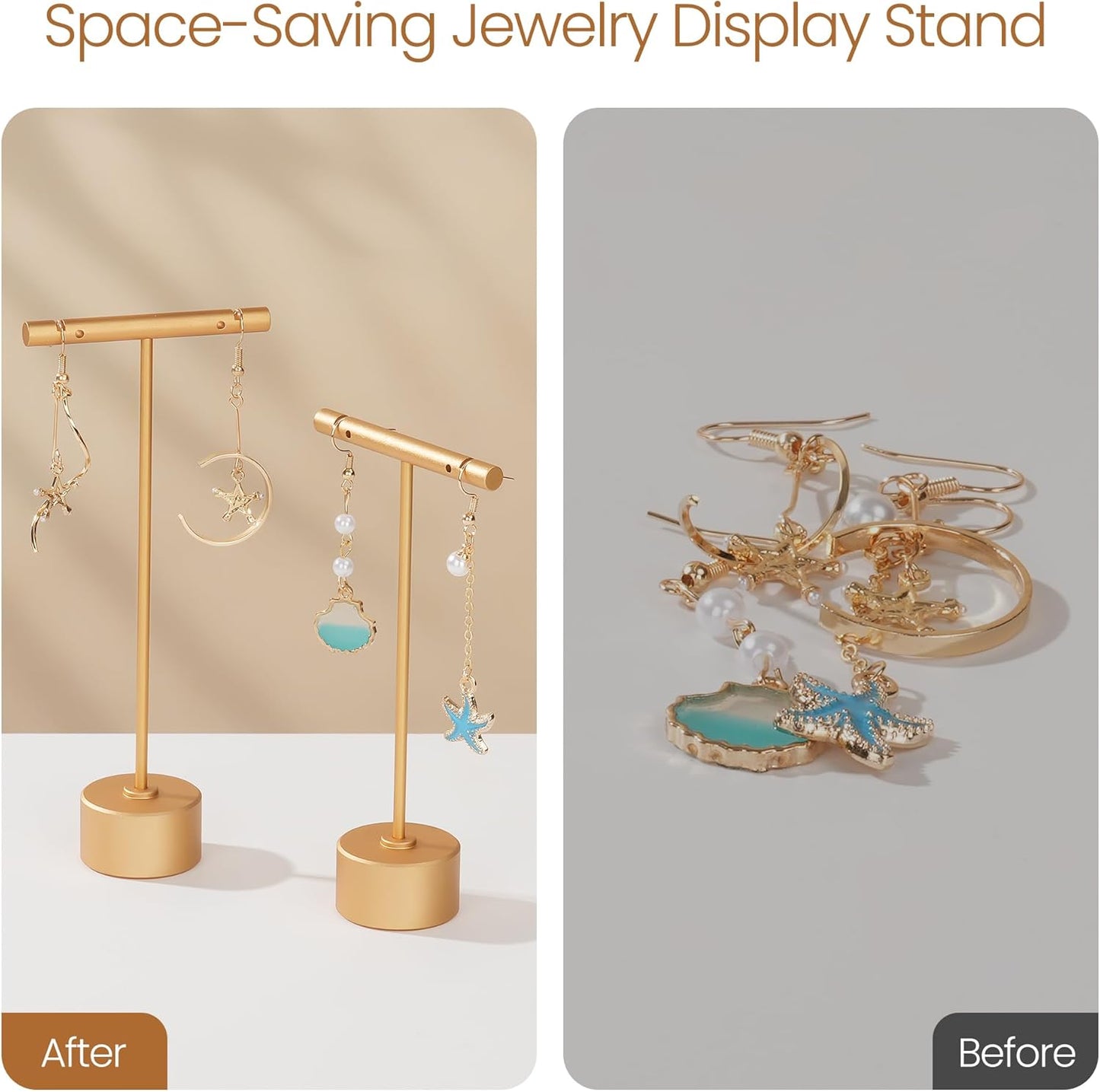 Metal Earring Stand Display Round Base Earring T Bar Display Necklace Bracelet Ring Ear Studs Jewelry Display Rack for Vendors Photography and Showcase, Gold 2pcs Height 5.31" and 4.52"