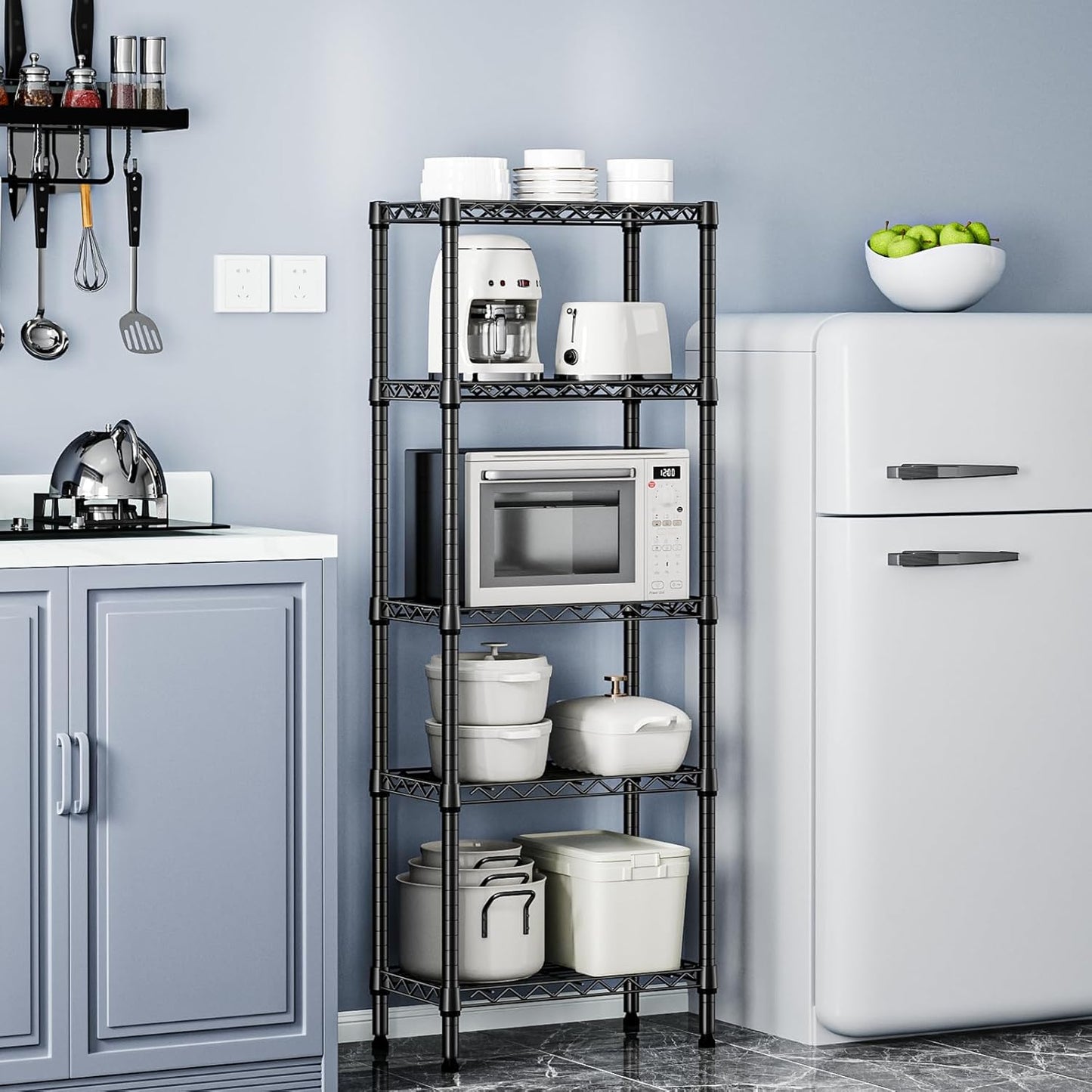 450 lbs Storage Shelves 5 Tier Shelving Units for Storage, Steel Organizer Wire Rack, Adjustable Height, Wire Shelving Unit for Bathroom Kitchen Closet, Black 11.8" D x 21.7" W x 58.3" H