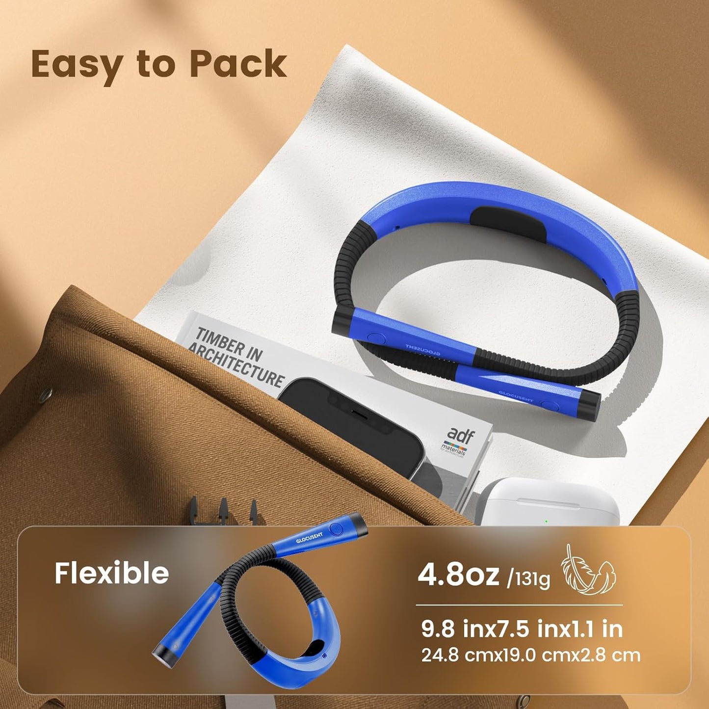 Glocusent Book Light, 3-Color & 6-Brightness Reading Light, Bendable Neck Light, 80-hr Lasting Rechargeable Book Light, Perfect Reading Lights for Books in Bed, Knitting, Repairing, Book Lovers Gifts