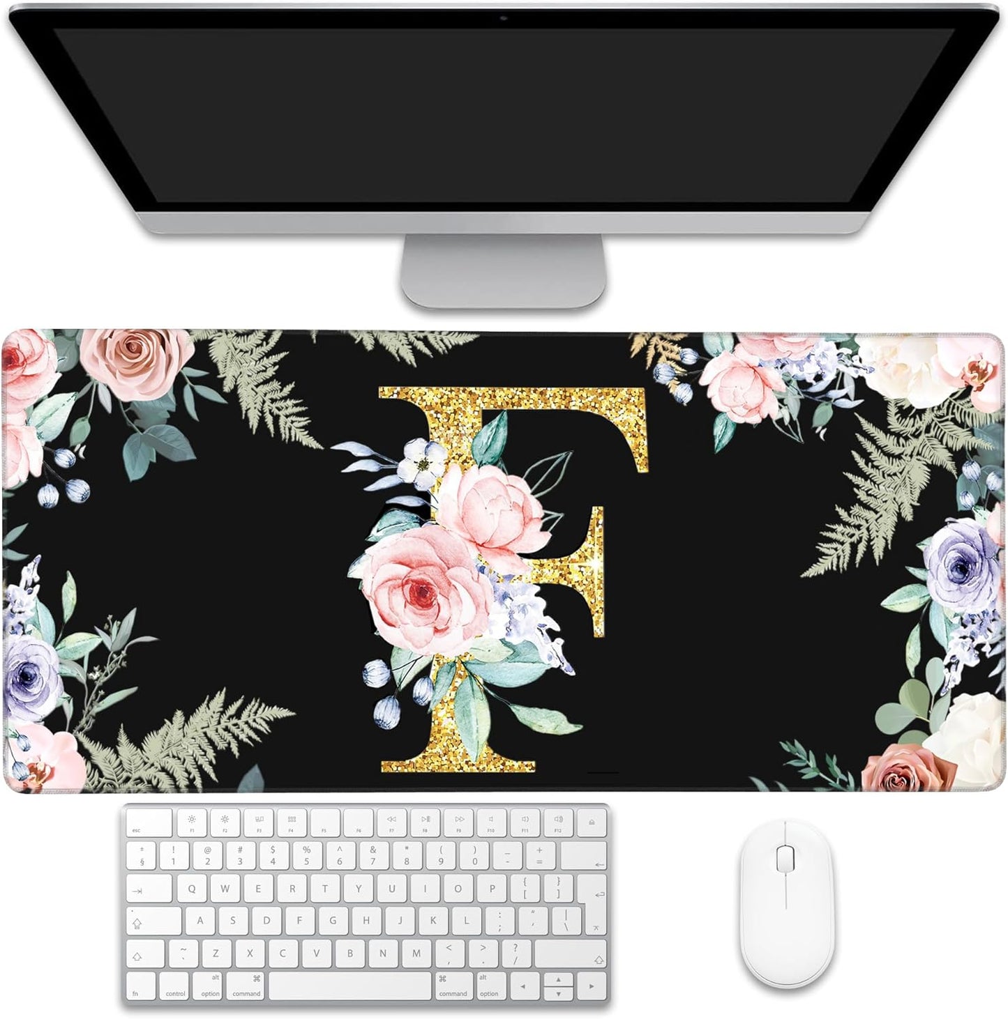 Desk Mat, Flower Golden Letters F Extended Gaming Mouse Pad Large, 35.4"x15.7" Big Mouse Pad with Non-Slip Base and Stitched Edge, Long Computer Keyboard Mouse Mat for Home Office Work