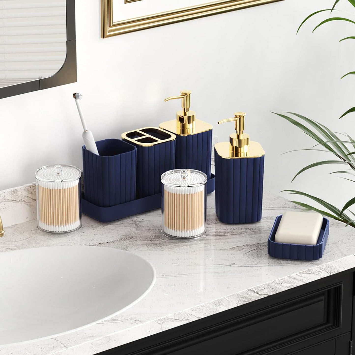 Bathroom Accessories Set - Gorgeous Bathroom Set, 10PC Navy Blue Bathroom Accessory Set, Toilet Brush, Trash Can, Qtip Holder Dispenser & Soap Dispenser