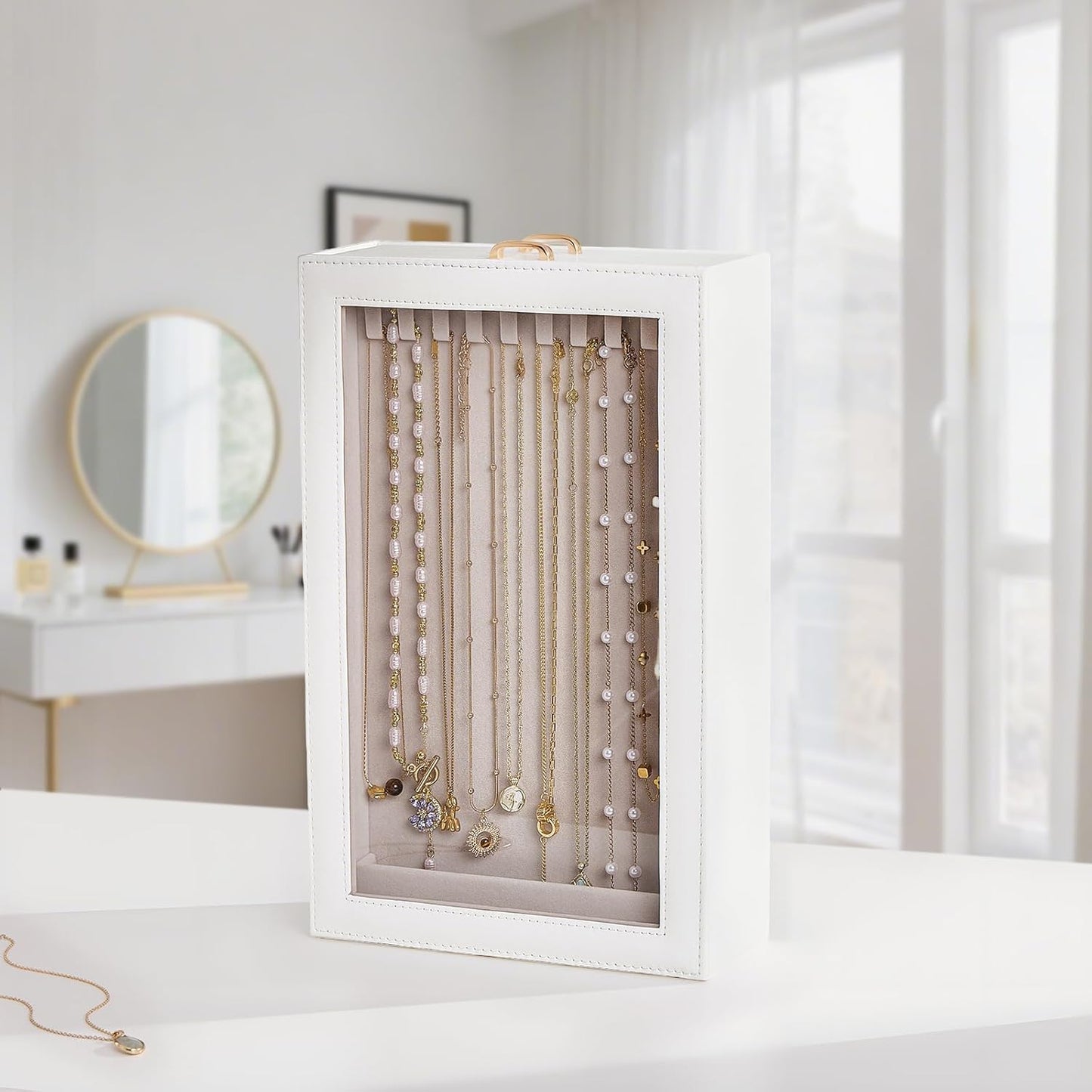 Lolalet Necklace Organizer Box, 2-Layer Jewelry Storage Boxes with Clear Lid for Necklaces, Tangle-Free Necklace Display Case for Women Girls -White