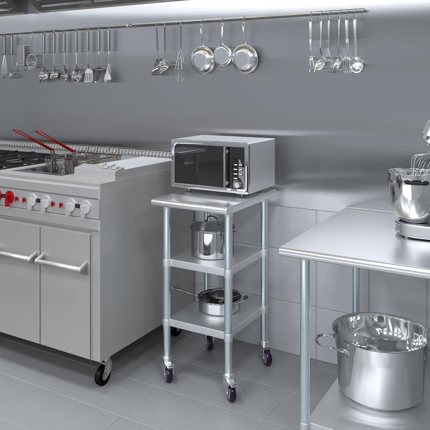 AmGood Stainless Steel Work Table with 2 Shelves and Casters | Metal Utility Table On Wheels (Stainless Steel Work Table with 2 Shelves + Casters, 18" Long x 24" Deep)