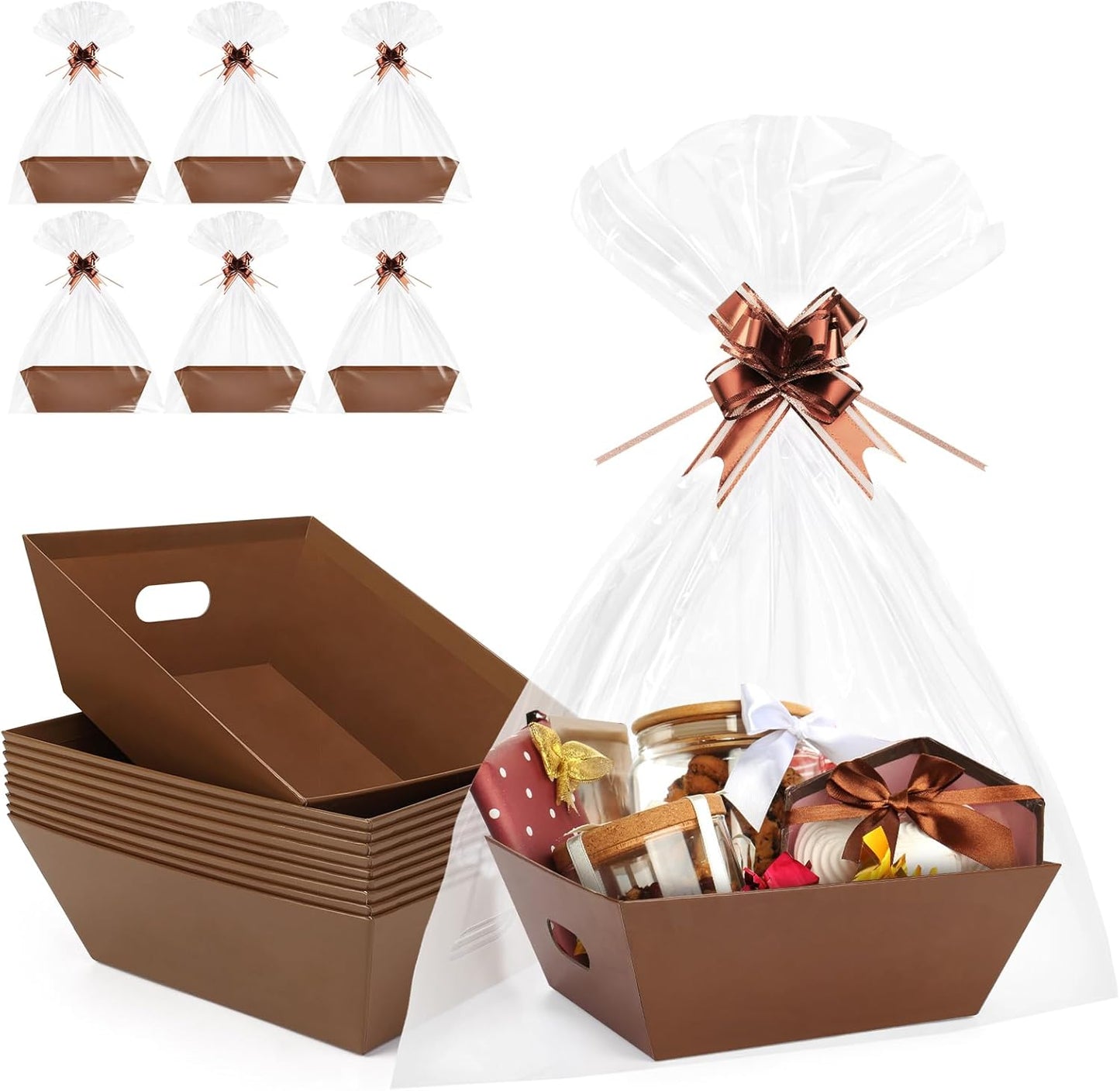 AFOROEOA 10PACK Baskets for Gifts Empty, 10x12”Thick Brown Gift Basket with Handles 10 Bows 10 Bags Empty Gift Baskets for Christmas Thanksgiving Wedding Birthday Party Wrapping Gift