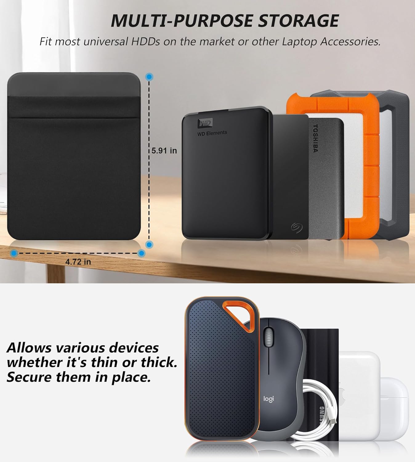 Lacdo Portable External Hard Drive Carrying Case, 2-Pocket Stick on Pouch Holder for Laptop, Fit 2.5" Seagate, WD, Toshiba External HDD, SSD, Wireless Mouse,Cable, Sleeve with Reusable Adhesive, Black