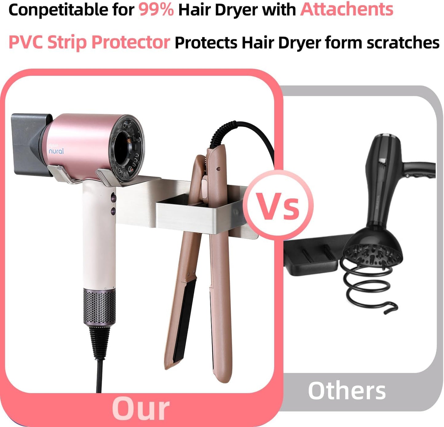 Hair Dryer Holder Wall Mounted, Hair Tool Organizer Wall Mount for Bathroom, Stainless Steel Hair Dryer Holder, Blow Dryer Holder Adhesive/Drilling Hair Dryer and Straightener Holder UEMUSI