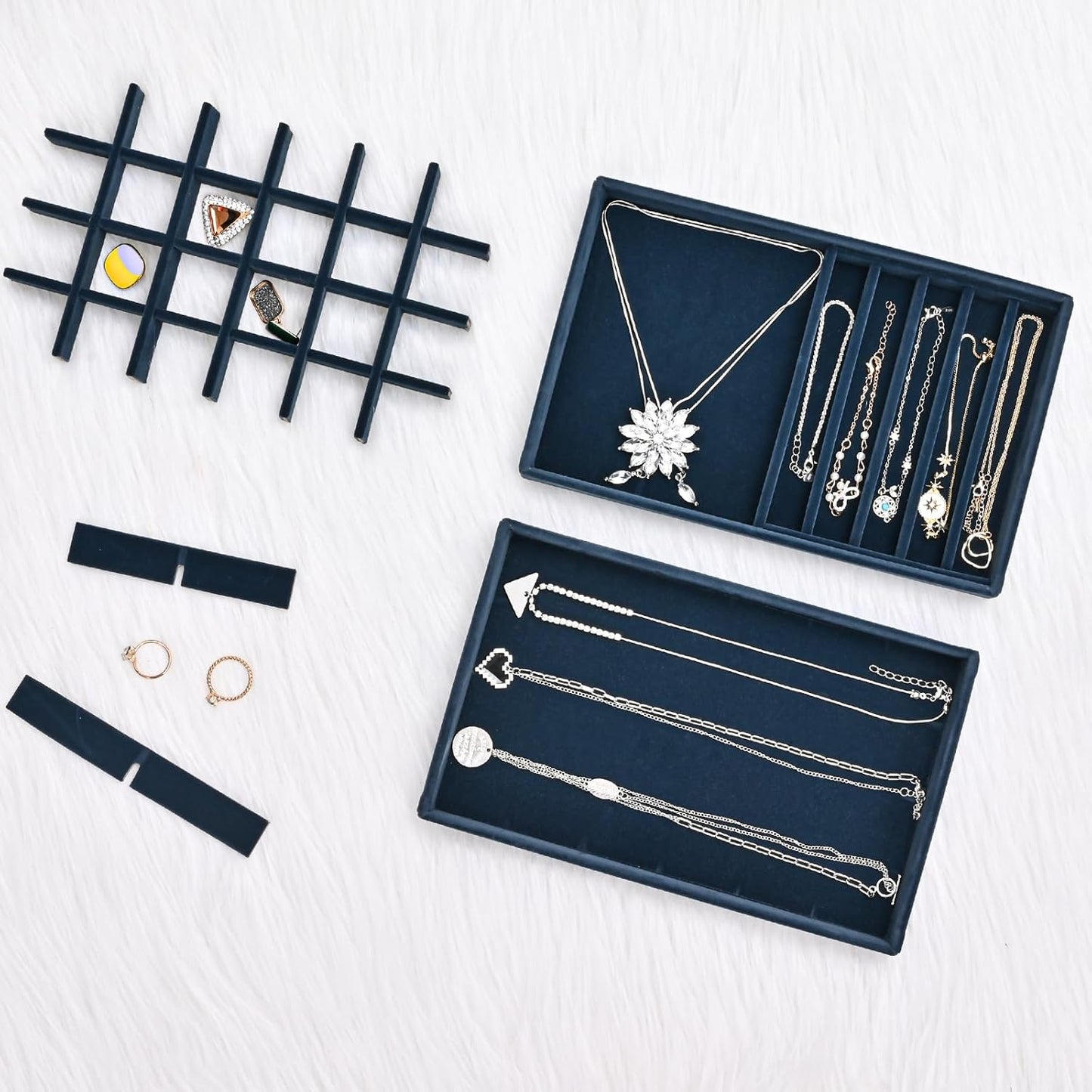 ProCase Stackable Jewelry Organizer Trays for Drawers, Jewelry Drawer Inserts Container Display Case Storage for Earring Necklace Rings Bracelet with Removable Dividers -Darkblue, 4 Layers