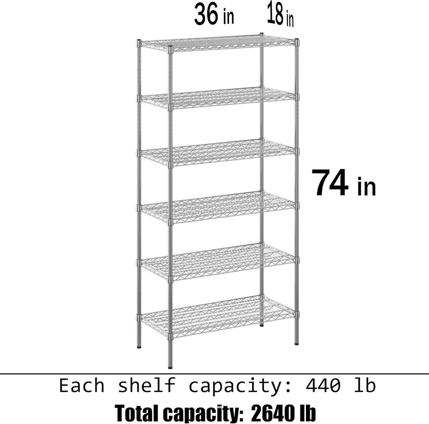18" Deep x 36" Wide x 74" Height Wire Shelving Kit | 6-Tier | NSF Commercial Storage Rack Unit