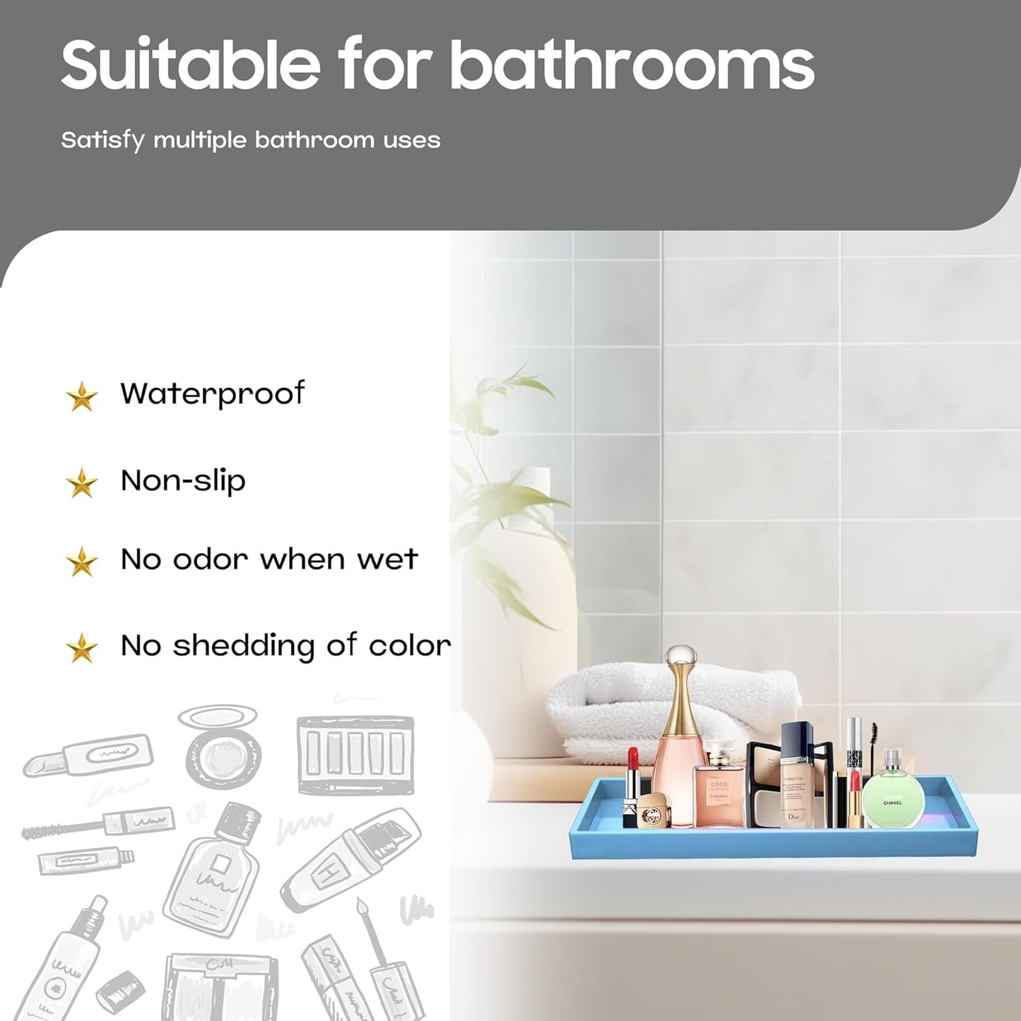 Vanity and Bathroom Tray, 15" ABS Countertop Organizer,Waterproof Vanity Tray for Toilet Tank,Perfume,Soap,Keys,Bathroom Accessories,Kitchen and Bath Trays,Non Slip Small Trays,Blue