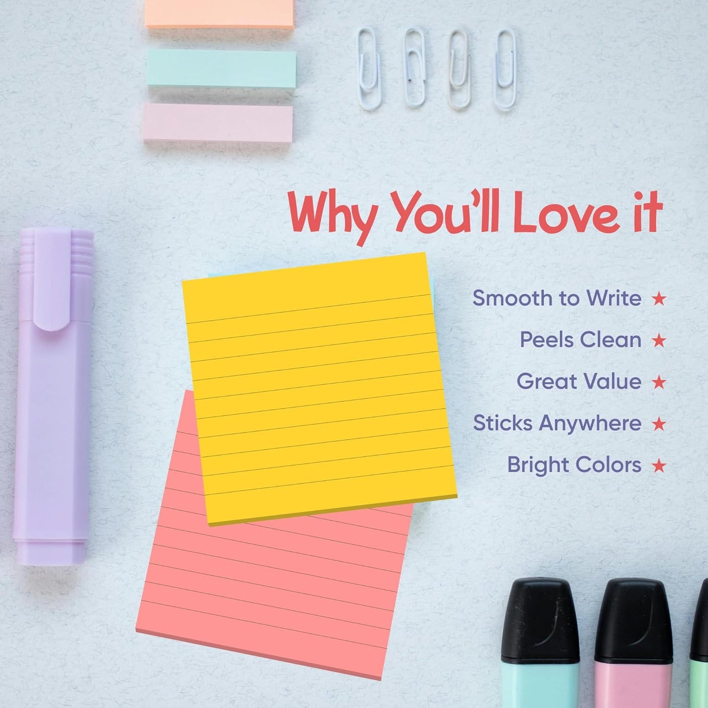 Lined Sticky Notes 3x3 Pack of 8, Bright Colored Super Self Sticky Pads - 60 Sheets/Pad - Easy to Post for School, Office Supplies, Desk Accessories