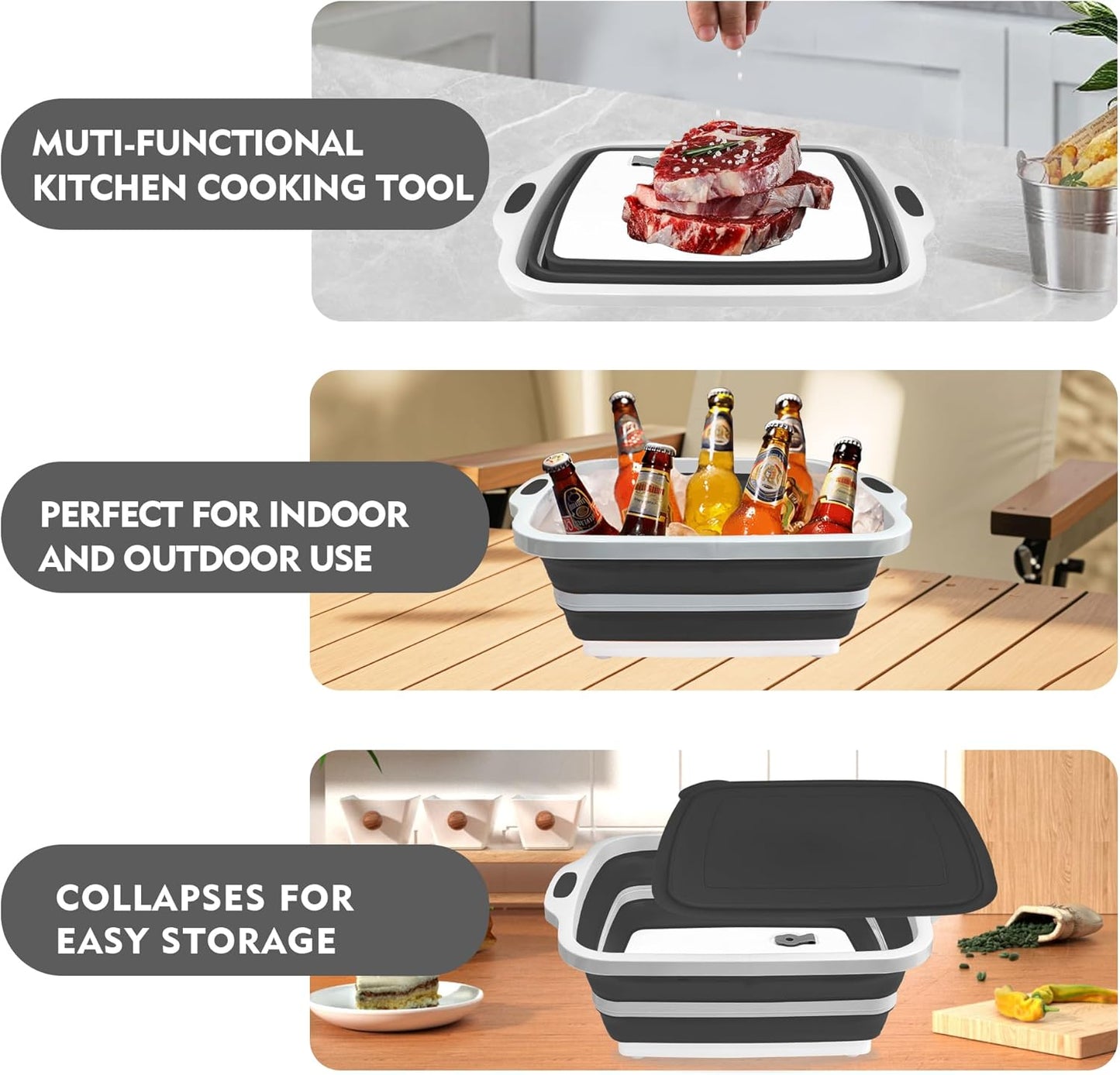 8L/16L BBQ Prep Tub with Cutting Board, Lid & Complimentary Mitts/Gloves – Collapsible Bucket for BBQ, Marinade, Picnic, Camping, Meat Prep – Orange/Black (Black, X-Large)