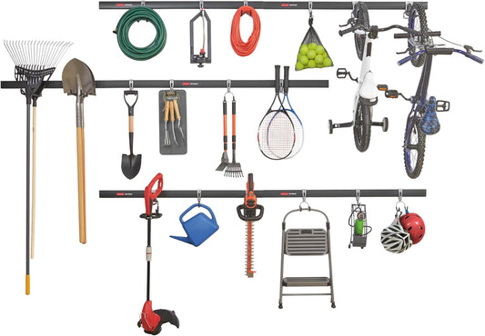 Rubbermaid 24-Piece FastTrack Garage Wall-Mounted Storage Kit, 6 Rails and 18 Hooks, Black, for Home/House/Tool/Sports/Equipment/Utility Purposes