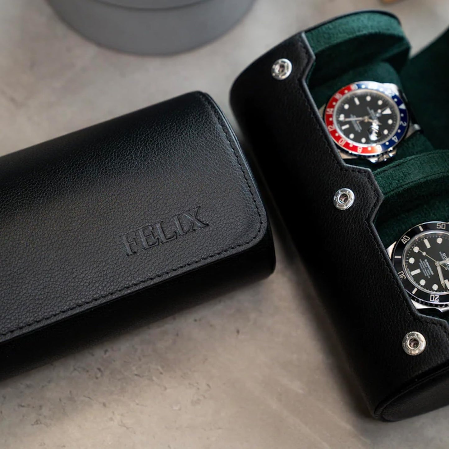 DailyWatch | Personalized Watch Roll Travel Case For 2 Watches - Handmade Genuine Leather Travel Case With Custom Engraving of Name or Initials - Black Green