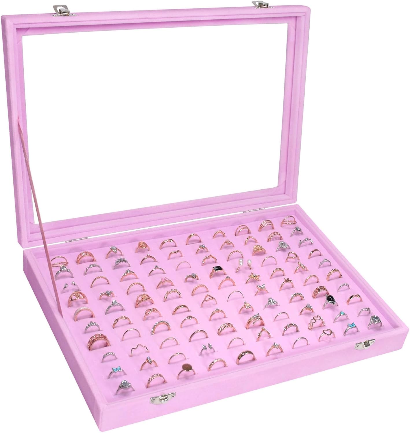 Velvet Ring Display Tray Organizer Box with Transparent Lid, 100 Slot Ring Holder Showcase For Store Display Jewelry Show Home, Pink