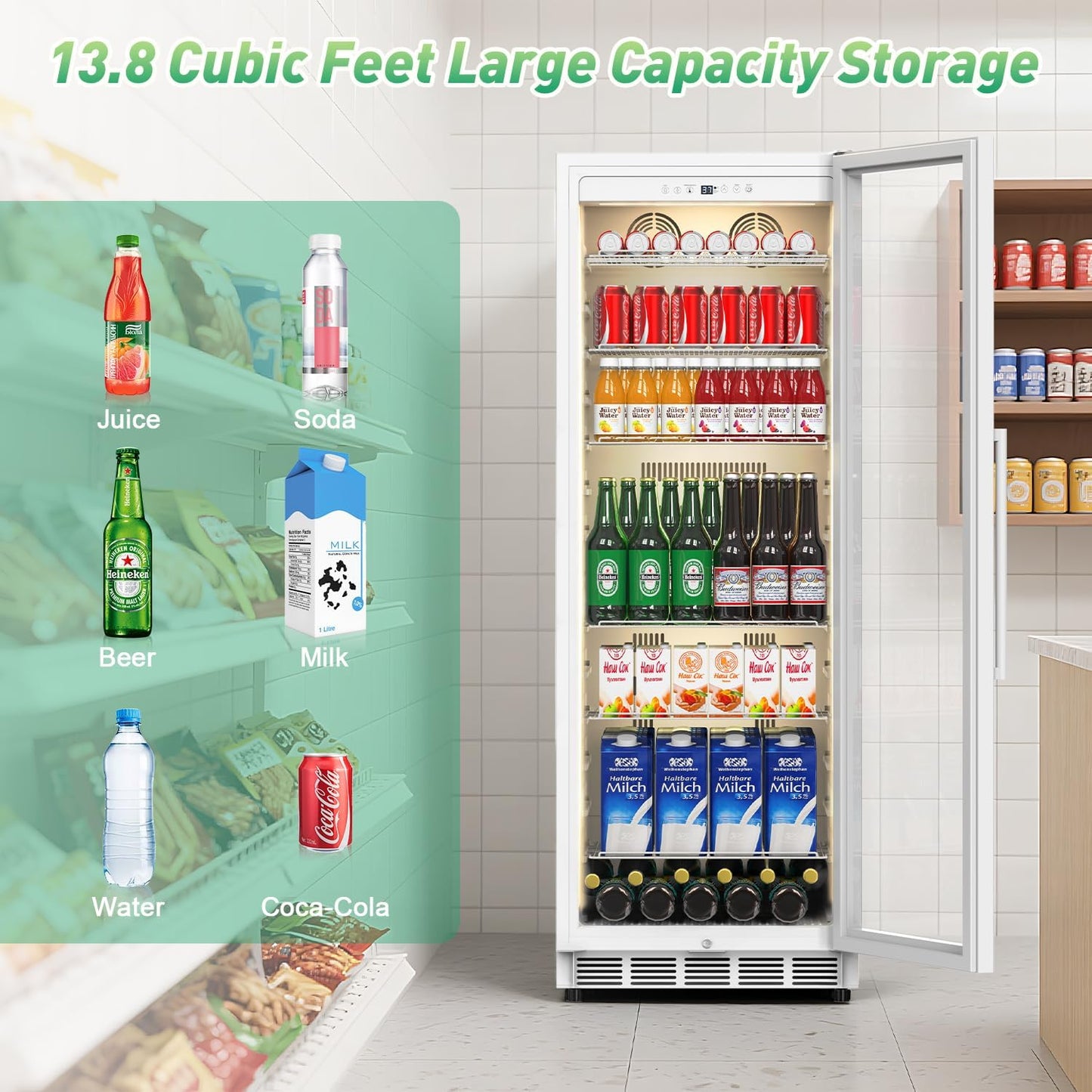 Commercial Merchandiser Refrigerator, 13.8 Cu Ft Display Beverage Fridge with Glass Door Upright Cooler with LED Light Low Noise, Fast Cooling for Shop, Restaurant, Office (White)