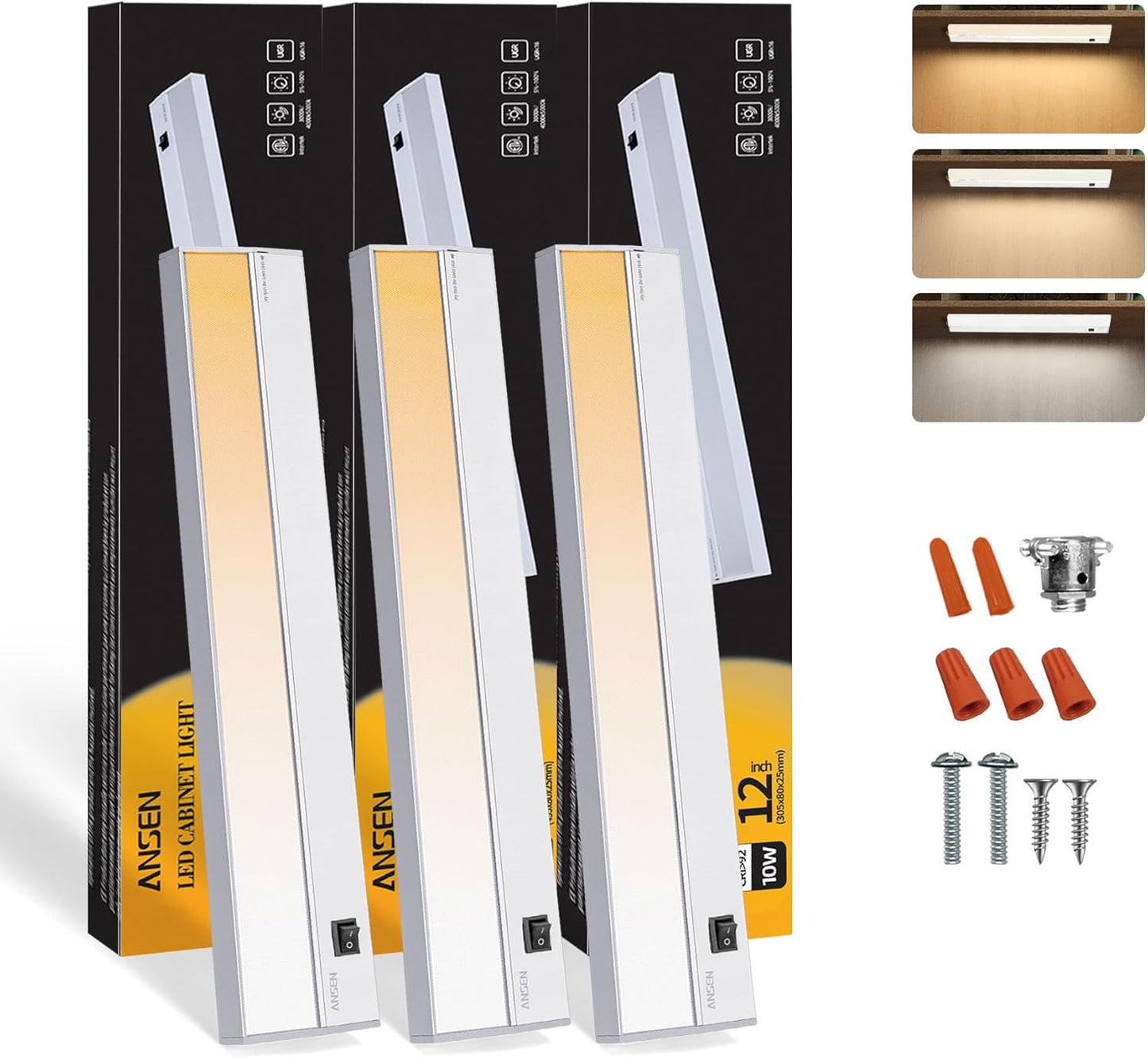 Ansen 3Packs of Under Cabinet Lights for Kitchen, 12in 10W 666LM, Dimmable Hardwire Led Light for Closet, CRI>92, R9>90, 3 Color Temperature, 3000K/4000K/5000K(Warm White, Cool White, Daylight)