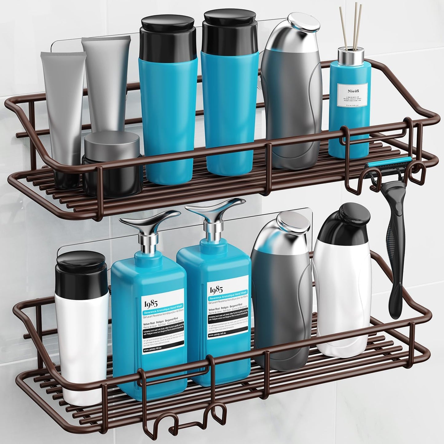 Nieifi Shower Caddy Shelf with Hooks Storage Rack Organizer Adhesive Stainless Steel without Drilling for Bathroom, Lavatory, Washroom, Restroom, Shower, Toilet, Kitchen (Brown, 3 Pack)