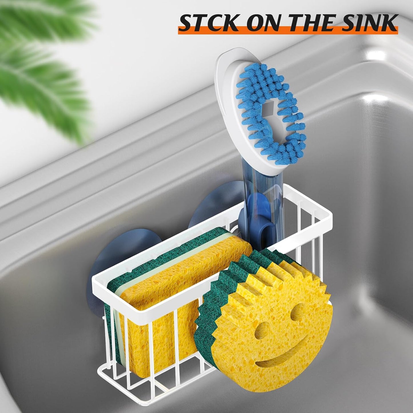 Sponge Holder Smiley Face,Sink Caddy,Kitchen Organizer with 2 Suction Cups/1 Adhesive Strips,Designed for Sponge,Soap,Dish Brush,Scrubber - White