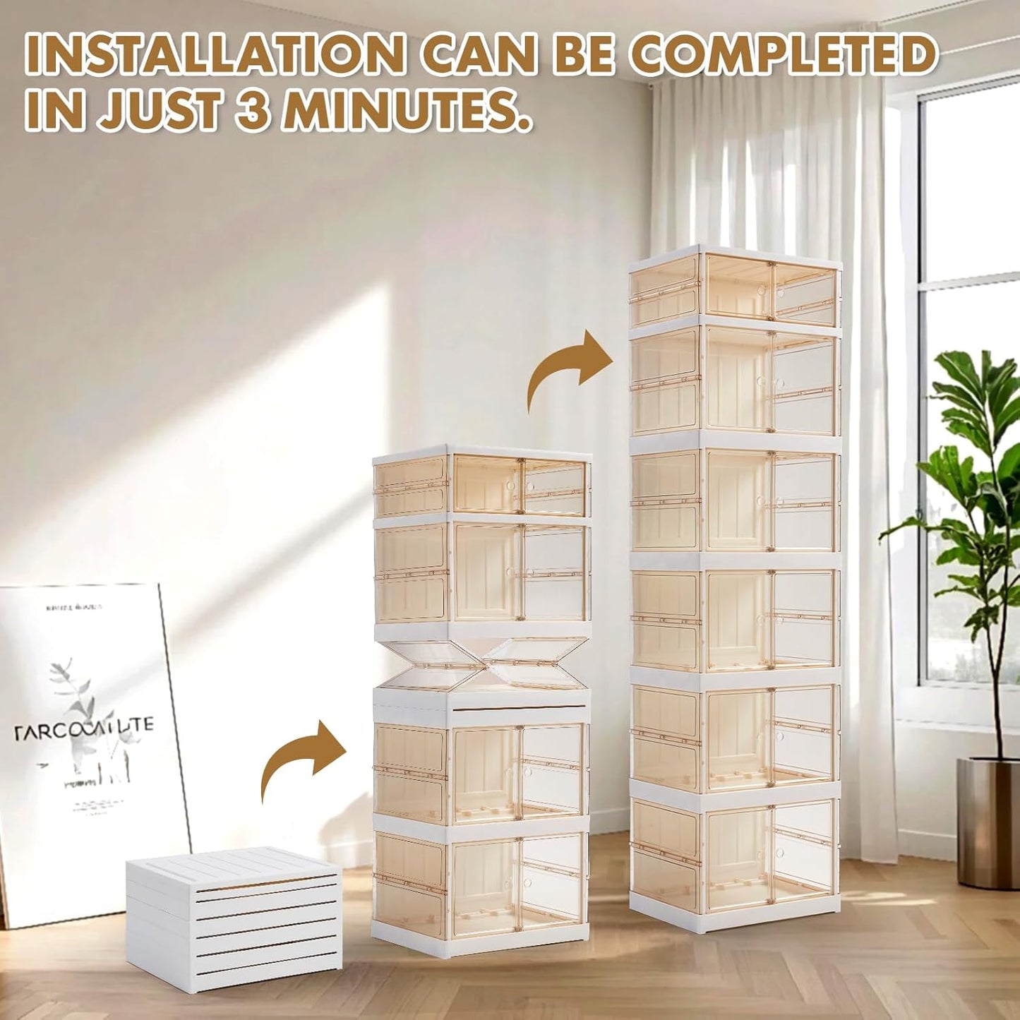 MGWILL Foldable Shoe Rack, Collapsible Shoe Organizers for Closet Plastic Clear Shoe Storage Box for Entryway, Large Stackable Sneaker Cabinet Bins Shoe Shelf with Magnetic Door 6 Tiers