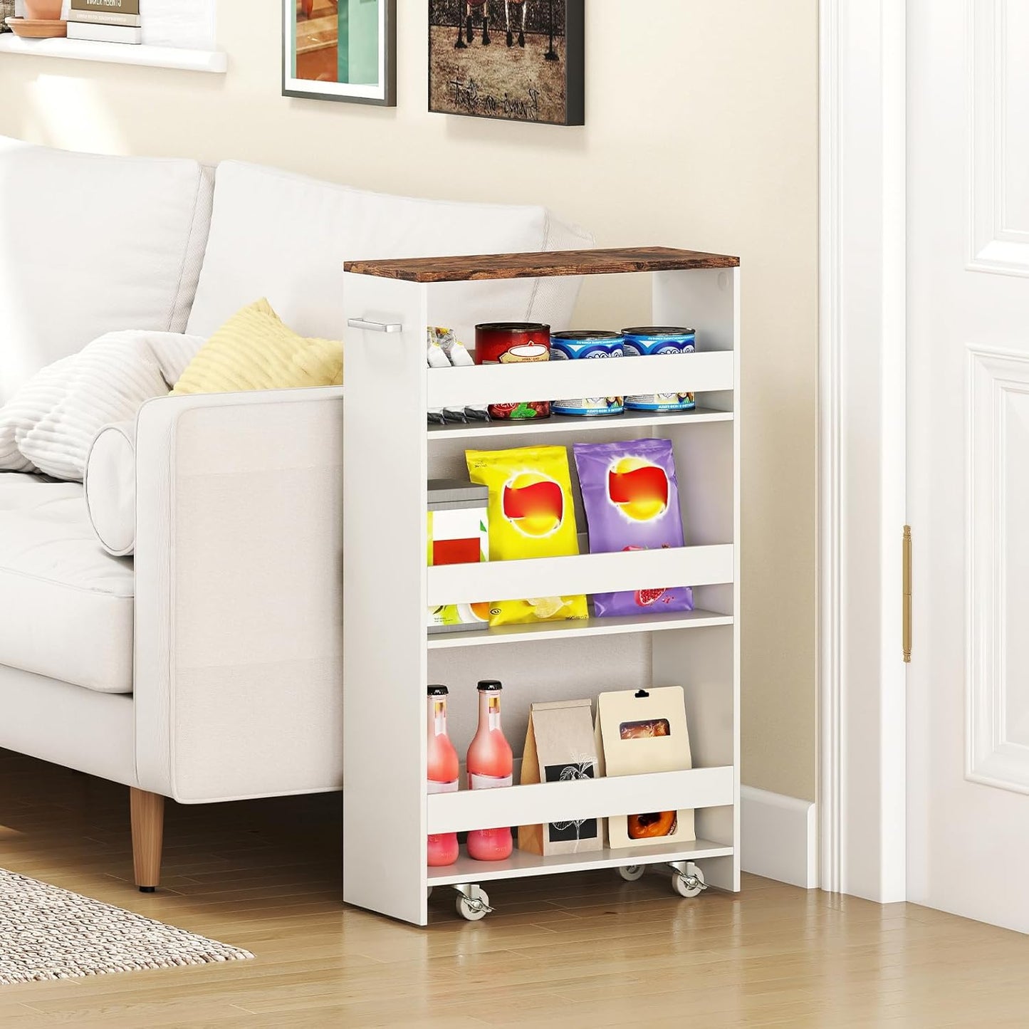 Small Kitchen Cart, 4-Tier Slim Rolling Island w/Handle, Laundry Room Storage Organizers Between Washer and Dryer, Narrow Spice Rack on Wheels Next to Fridge (White & Rustic Brown, 8'')