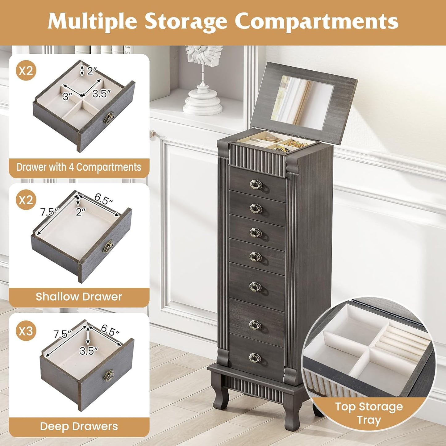 Giantex Standing Jewelry Cabinet with 7 Drawers, Flip-Top Mirror, 2 Side Doors with 12 Necklace Hooks, Divided Ring Compartments, Velvet-Lined Jewelry Armoire Organizer Chest (Weathered Gray)