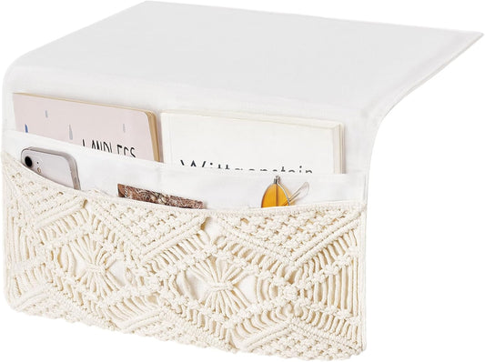 Mkono Macrame Bedside Caddy Storage Organizer Boho Remote Control Tablet Magazine Holder with 4 Pockets Non-slip Countertop Bedside Caddy for Home Bedroom Living Room College Dorm Bed, Ivory, Large