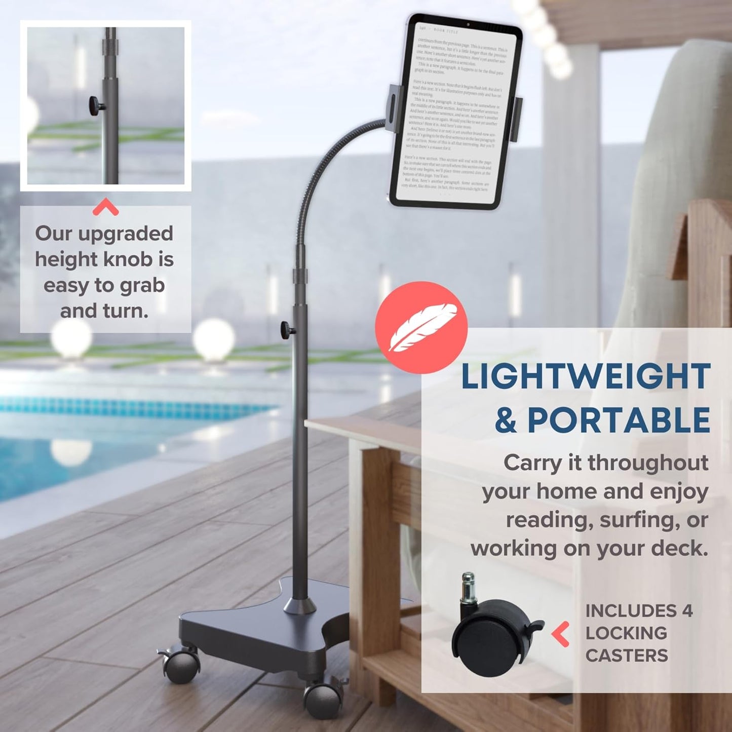 LEVO Adjustable Height Floor Stand on Wheels for Tablet & Phone - Gooseneck Holder Mount with Stable Base - Compatible with All Cell Phones & Tablets (4-13 inch) - Black with Casters