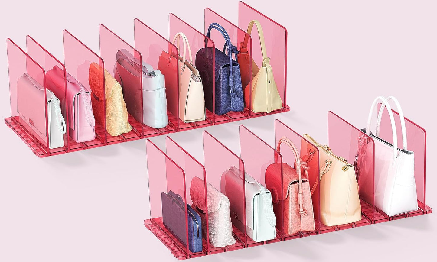 Purse Organizer for Closet: Shelf Dividers Adjustable Acrylic Bag Closet Organizers and Storage Pink 4 Bases 14 Shelves