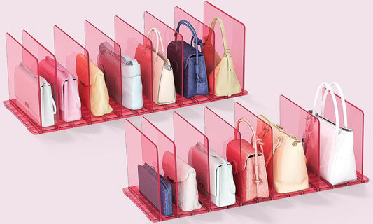 Purse Organizer for Closet: Shelf Dividers Adjustable Acrylic Bag Closet Organizers and Storage Pink 4 Bases 14 Shelves