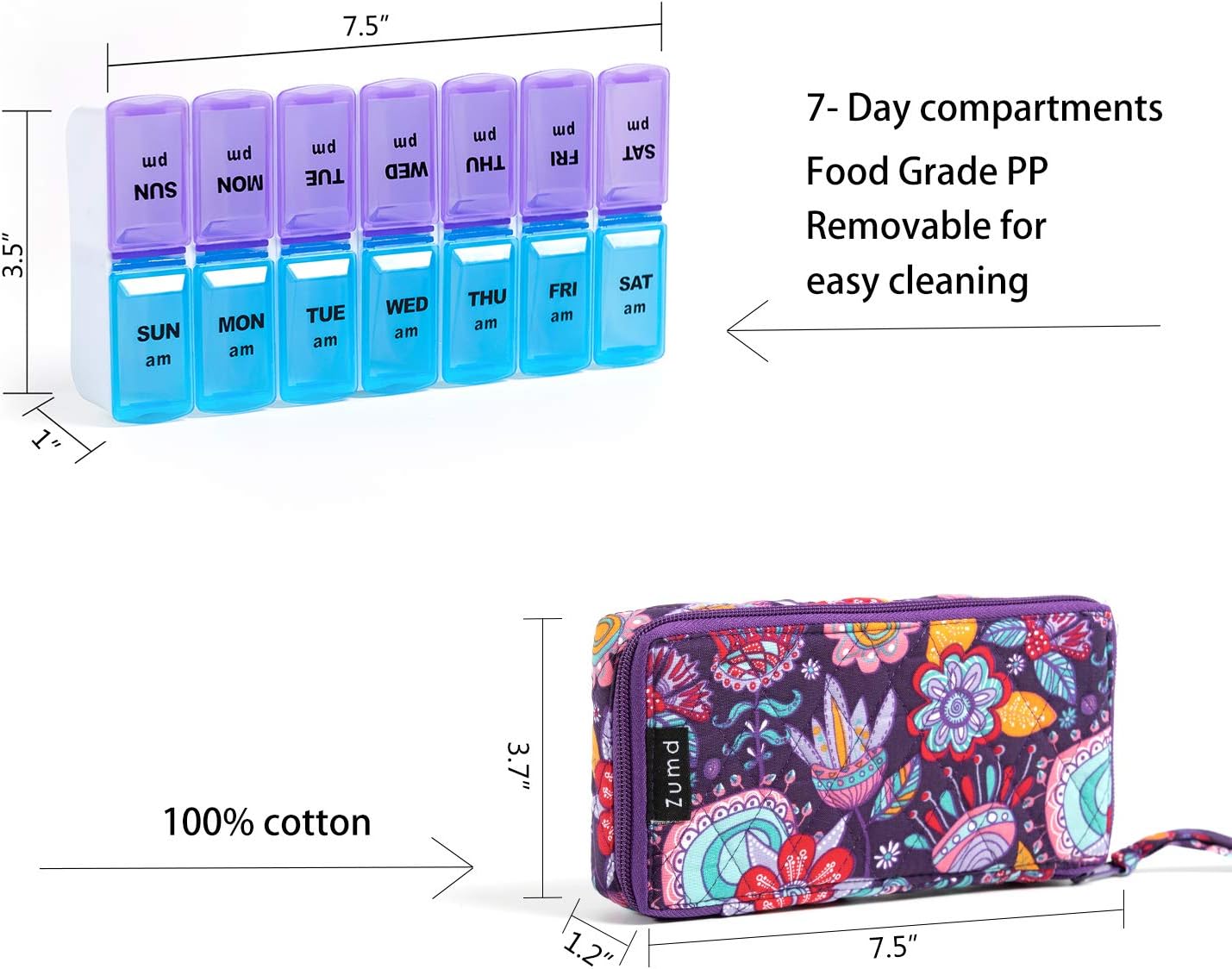 Weekly Pill Organizer 2 Times a Day, Zumd Pill Box 7 Day with Cute Quilted Fabric Zipper Case, Travel Pill Case Am Pm for Vitamin Medicine Organizer