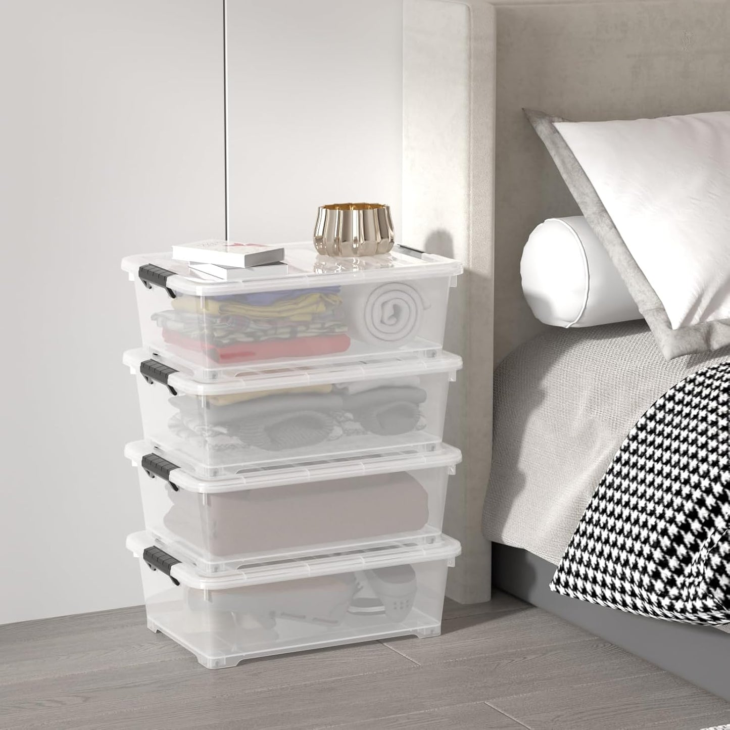 Sandmovie 4 Packs 20 Quart Plastic Under Bed Storage Boxes, Plastic Bins Storage Under Bed, Clear