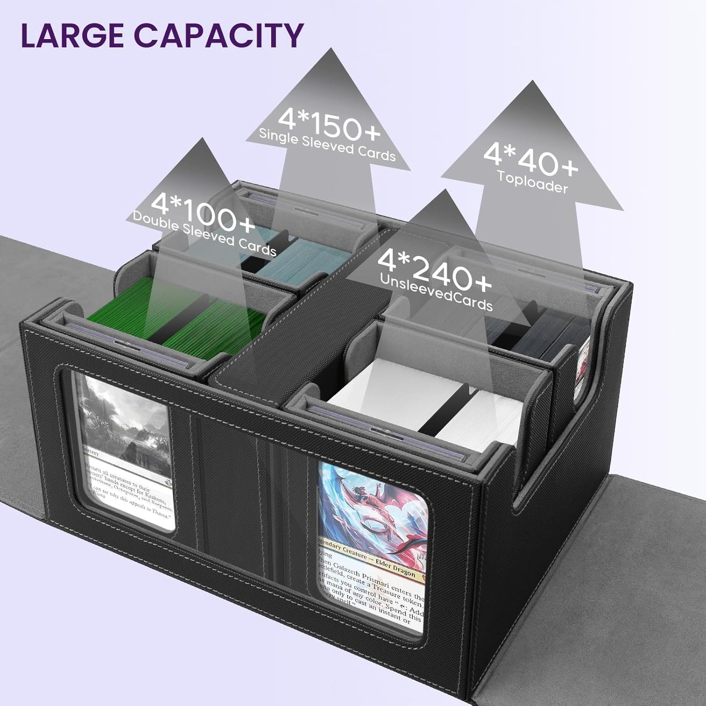 Trading Card Storage Box with Commander Display, Holds 400+ Double-Sleeved Cards, Multi-purpose Deck Box with Handle for MTG/TCG/Sports Cards, 4 Dividers, 1 Dice Tray, 4 Toploaders, Black Grey