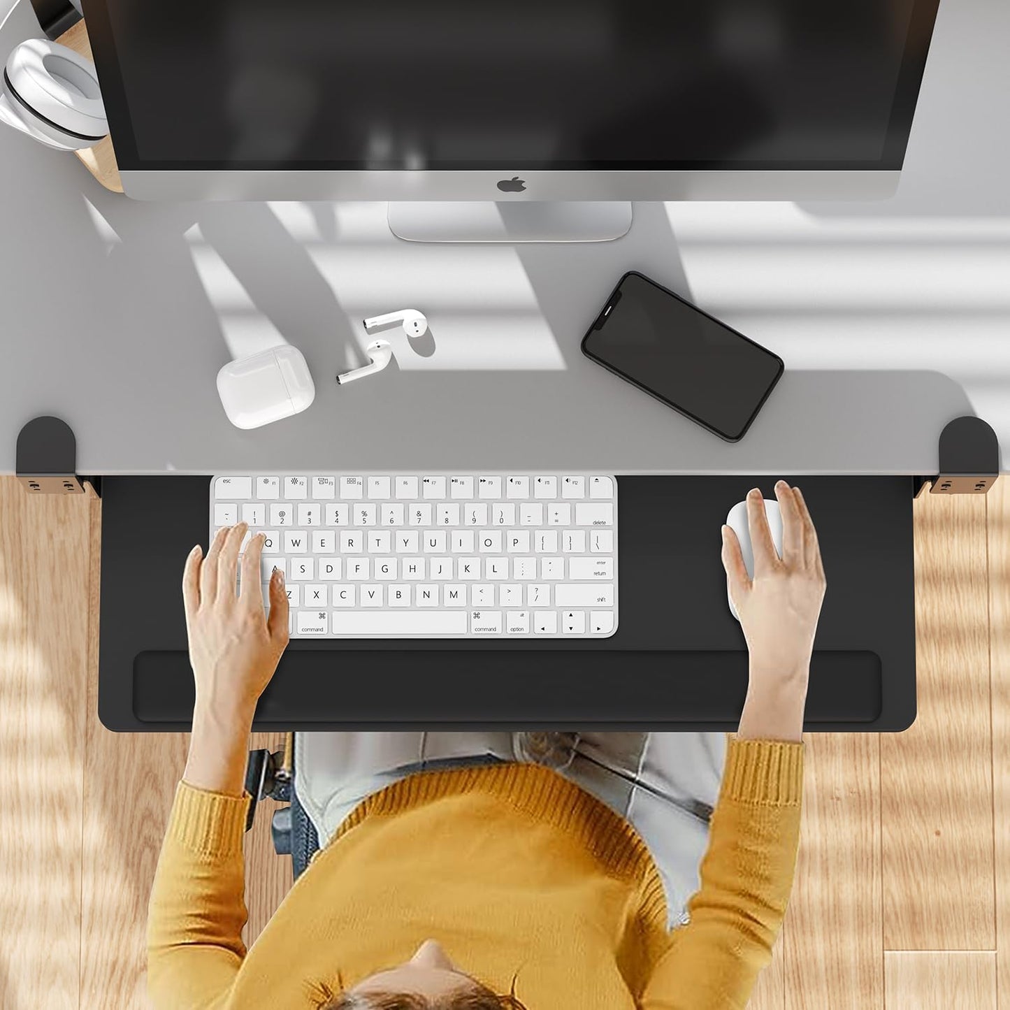 Keyboard Tray Under Desk with a Soft Wrist Rest，Under Desk Keyboard Tray Slide Out with 2 Storage Drawers，C Clamp-on Mount Ergonomic Keyboard Tray for Home and Office，26.5"x11.6"
