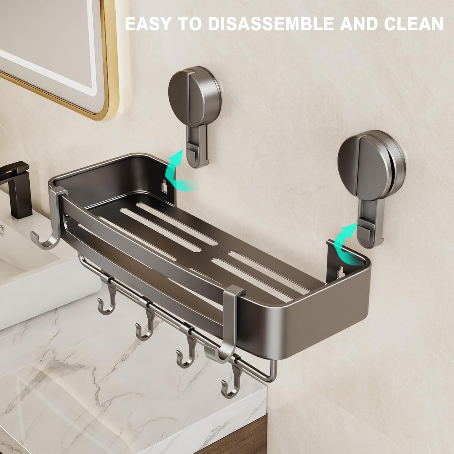 VOLPONE Shower Caddy Suction Cup, 1 Pack Corner Shower Shelves No Drilling, Showers Organizer Storage with Towel Bar & Removable Hooks, Bathroom Shower Shelf Rack for Inside Showers, Square