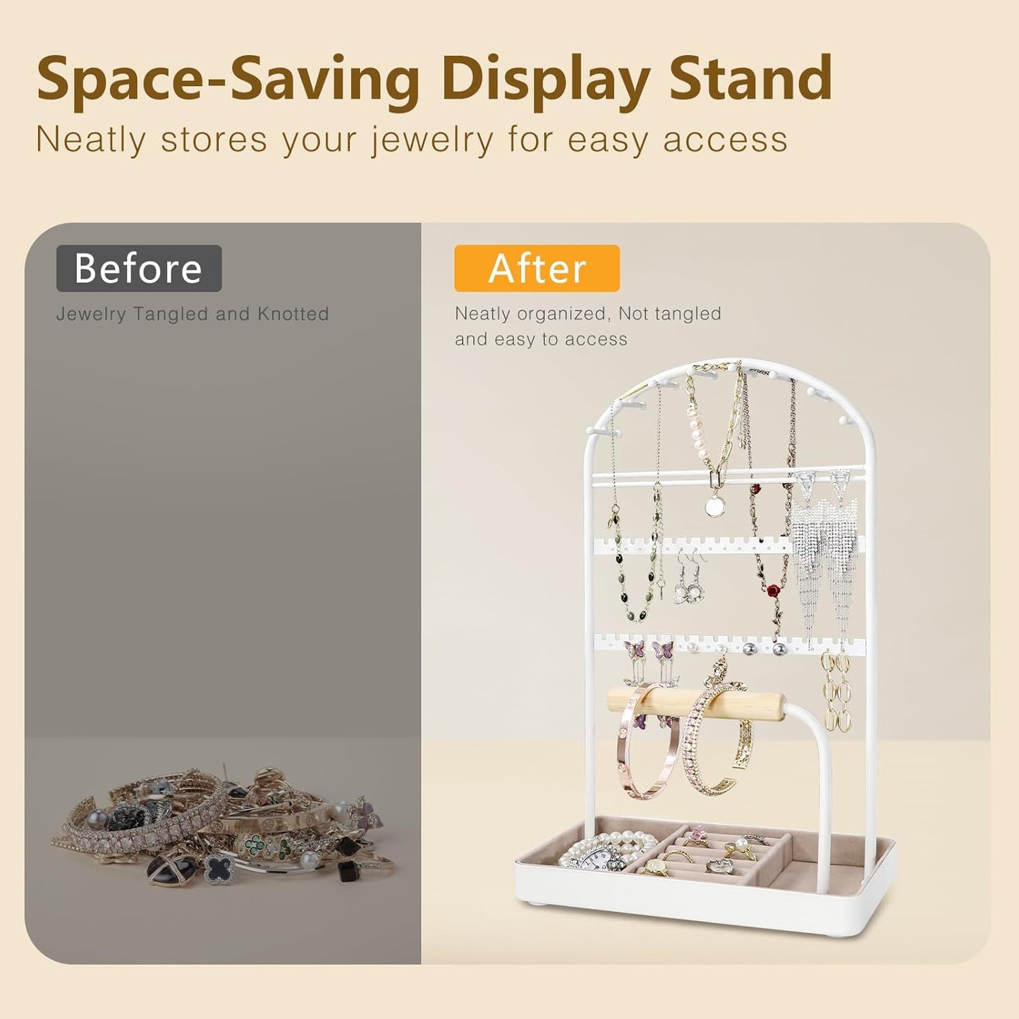 Multi-Functional Jewelry Holder Organizer Necklace Display Stand Velvet Lined Bar for Rings 2 Tier with 18 Hooks, 32 Earring Holes - Sturdy and Durable, Easy Organization White