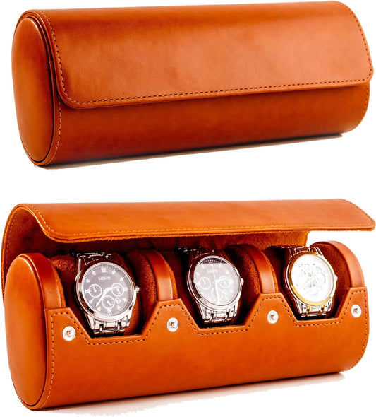 MR.OKAY 3 Watch Travel Case- Classic Leather Watch Case With Perfect Texture.Portable Watch Roll Or Organizer For Storage And Display. Luxury Gifts For Men, All Handmade by Artisans.