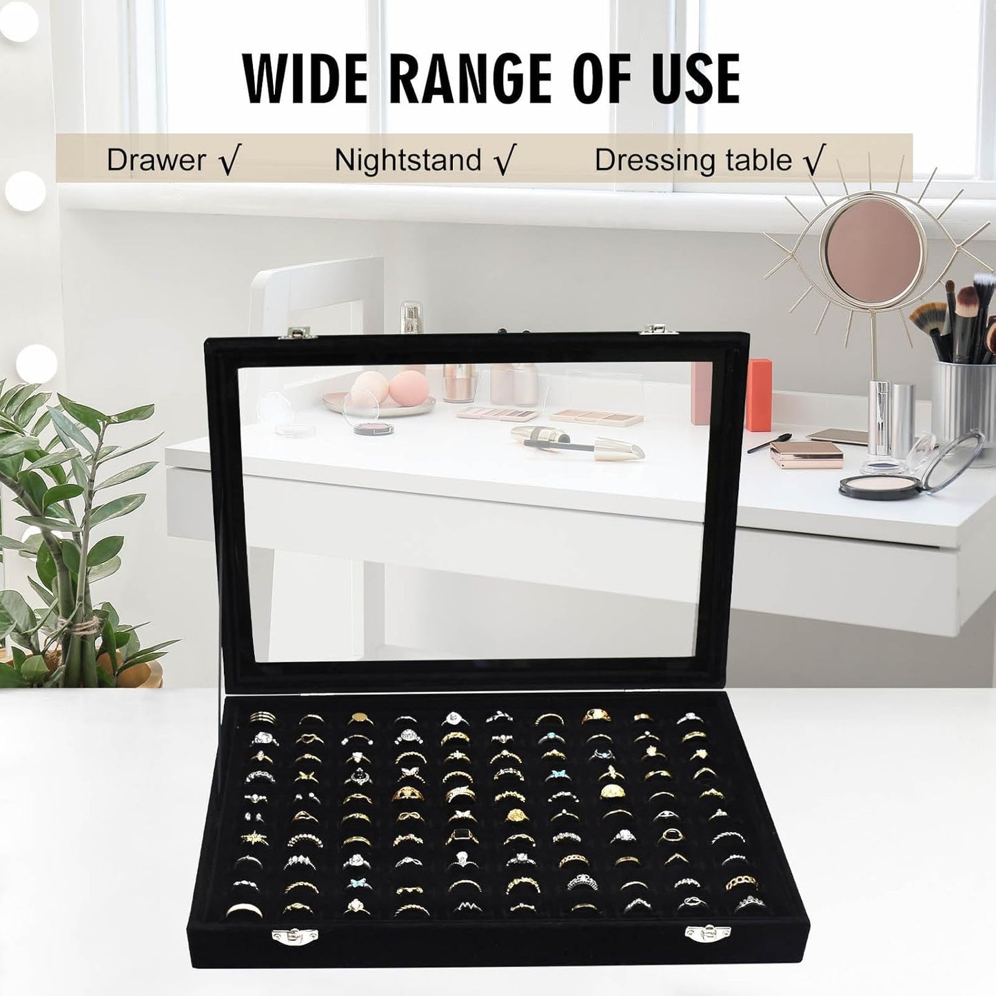 Velvet Ring Display Tray Organizer Box with Transparent Lid, 100 Slot Ring Holder Showcase For Store Display Jewelry Show Home, Ring Organizer For Rings Earrings (Black)