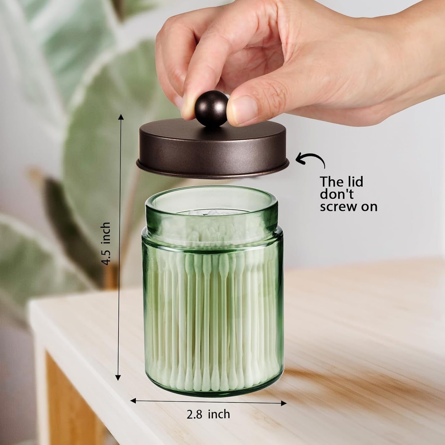 Amolliar Sage Green Qtip Holder, Glass ApothecaryJar Metal Lid & Stickers, Bathroom Qtip Holder Storage Canister, Farmhouse Decor for Cotton Balls, Swabs, Makeup Pads, Bath Salt, Floss, Bronze 2 Pack