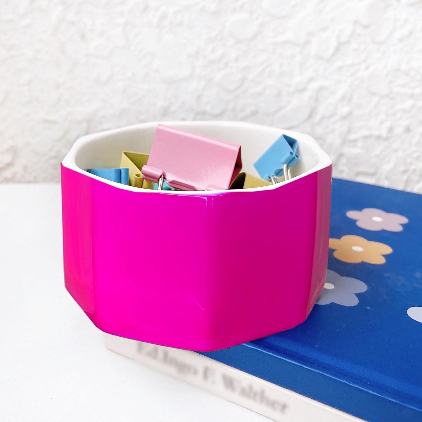 Ceramic Paper Clip Holder Gold Line Paper Clip Dispenser Organizer for Desk Cute Floral Pattern Office Binder Clip Holder Bobby Pin and Hair Clip Holder Gift for Office (Hot Pink)