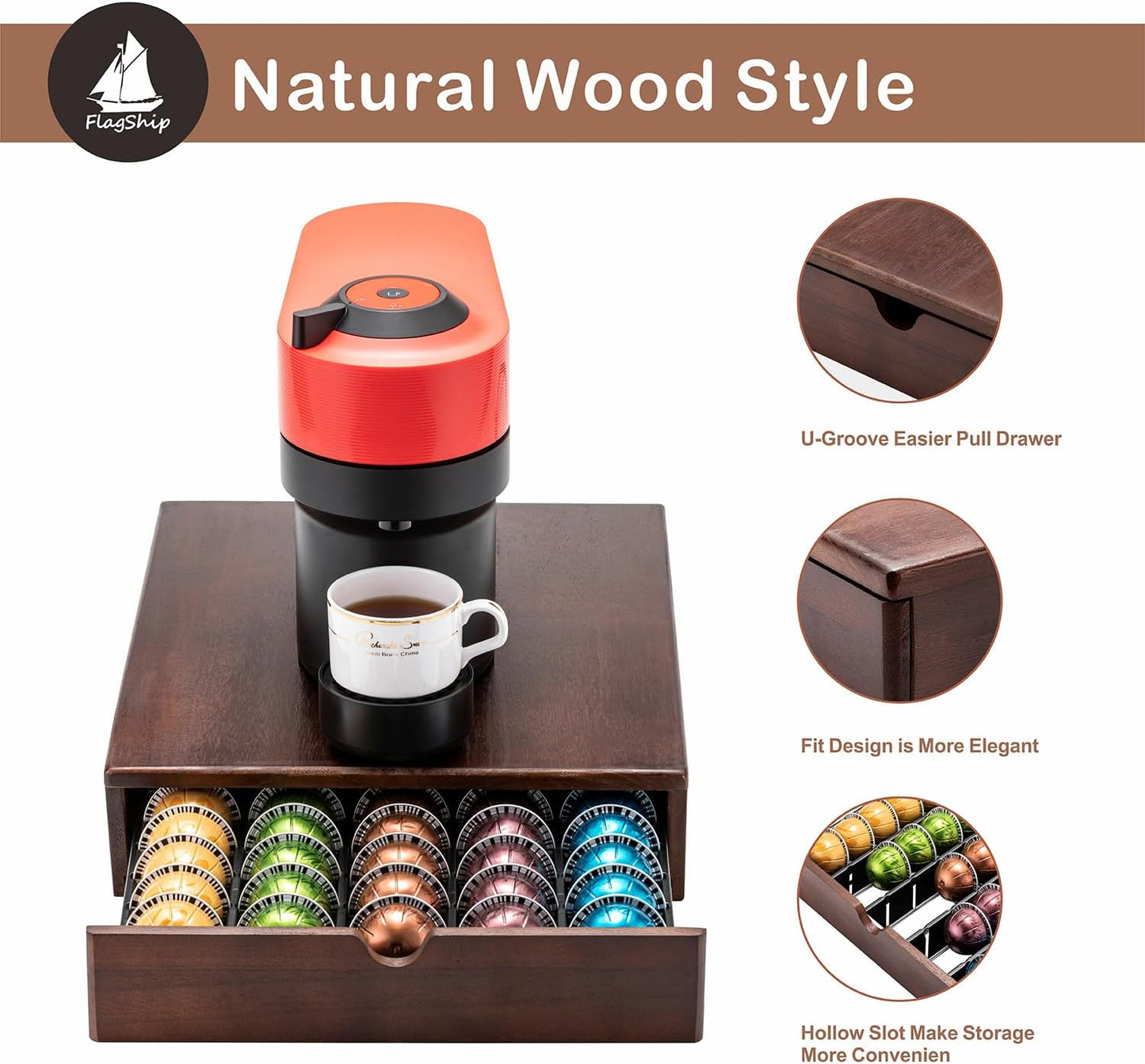FlagShip Nespresso Vertuo Pod Drawer Storage - Elegant Wood Frame, 50 Pod Capacity