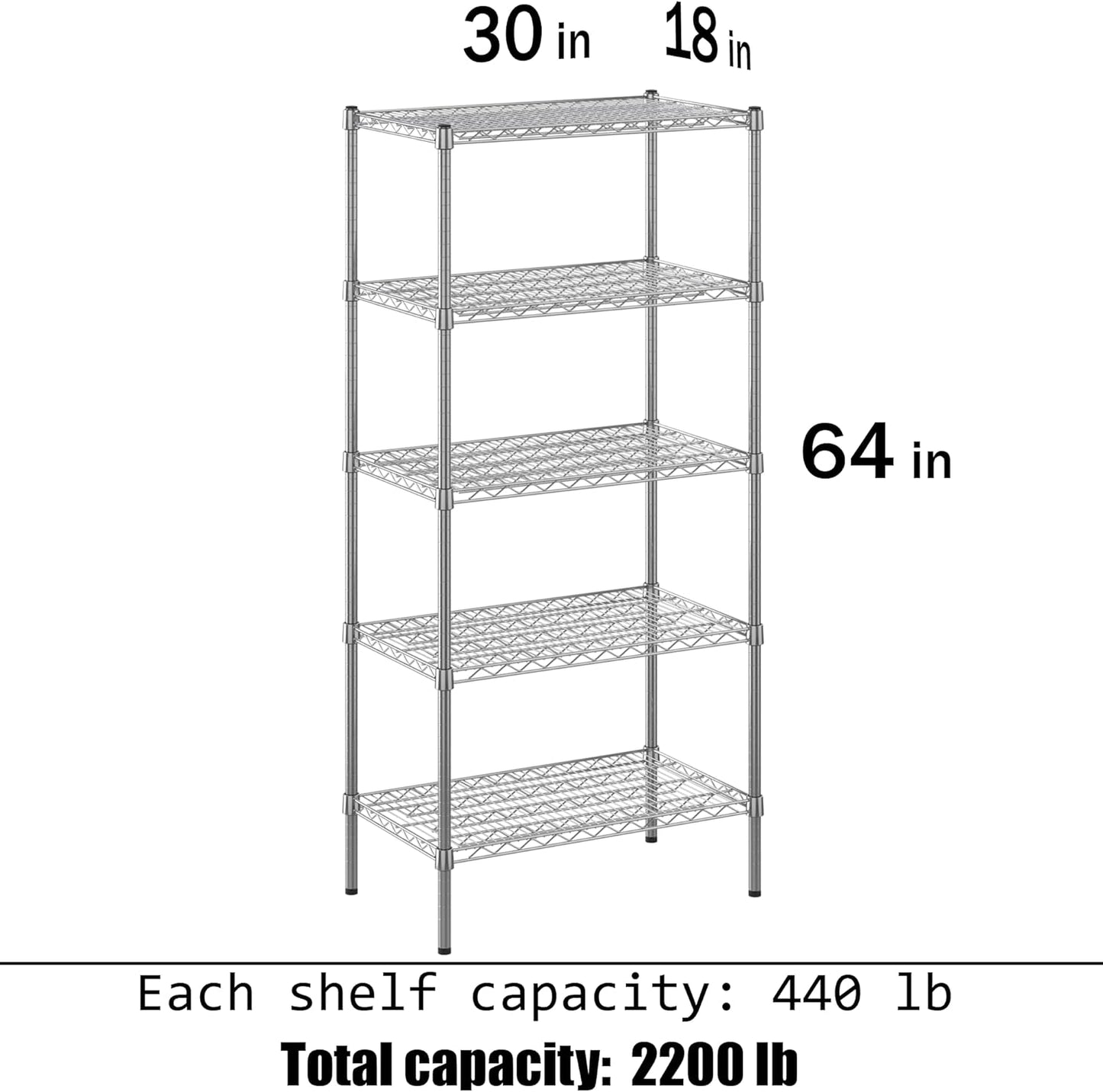 18" Deep x 30" Wide x 64" Height Wire Shelving Kit | 5-Tier | NSF Commercial Storage Rack Unit