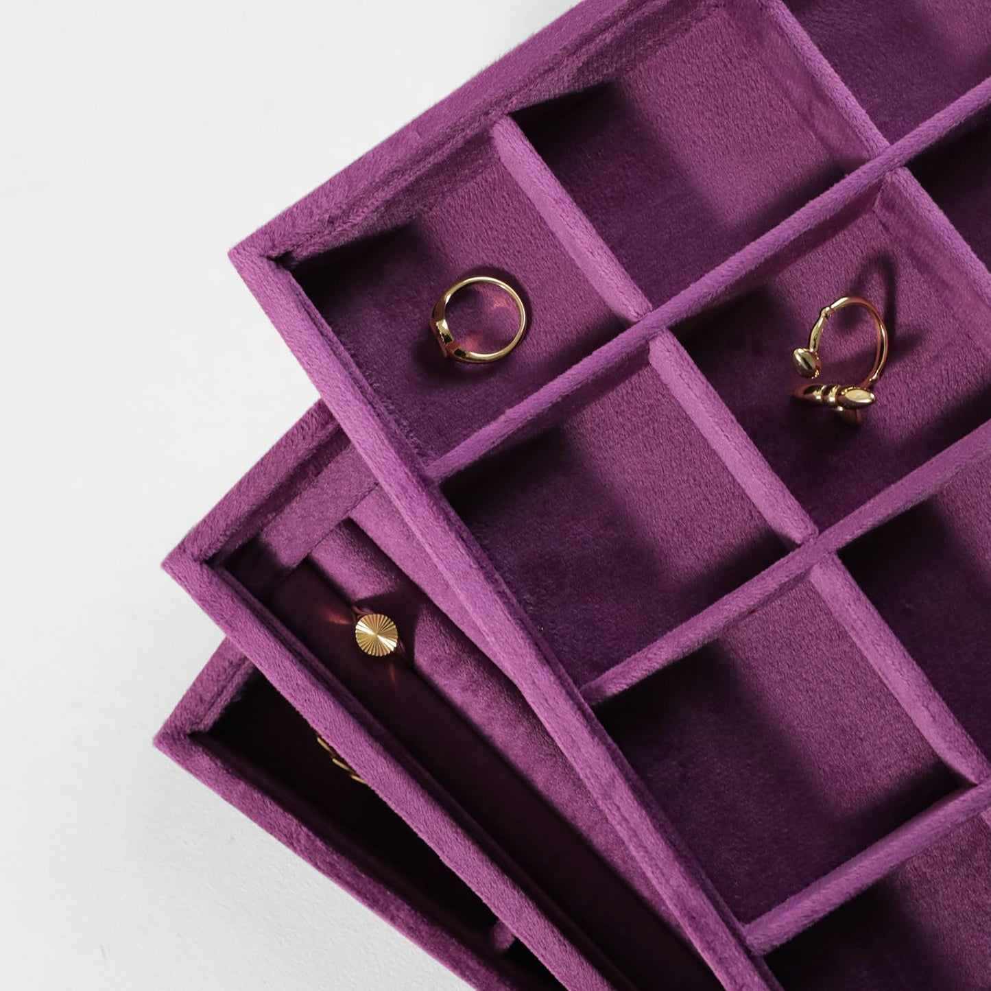 Velvet Stackable Jewelry Display Tray, 24 Grid Earring Ring Storage Tray, Drawer Divider Jewelry Accessories Organizer Plate (Purple)
