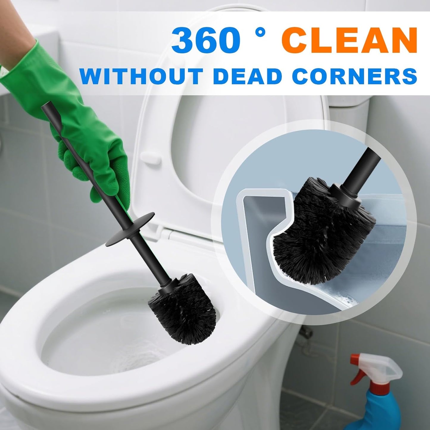 304 Stainless Steel Toilet Bowl Brush and Holder Set, Circular Floor Toilet Brush Holder, Long Handle, Bathroom Heavy-Duty Cleaner, High-End Cylinder Wall，2 Brush Head (Black) YIGUANXIN