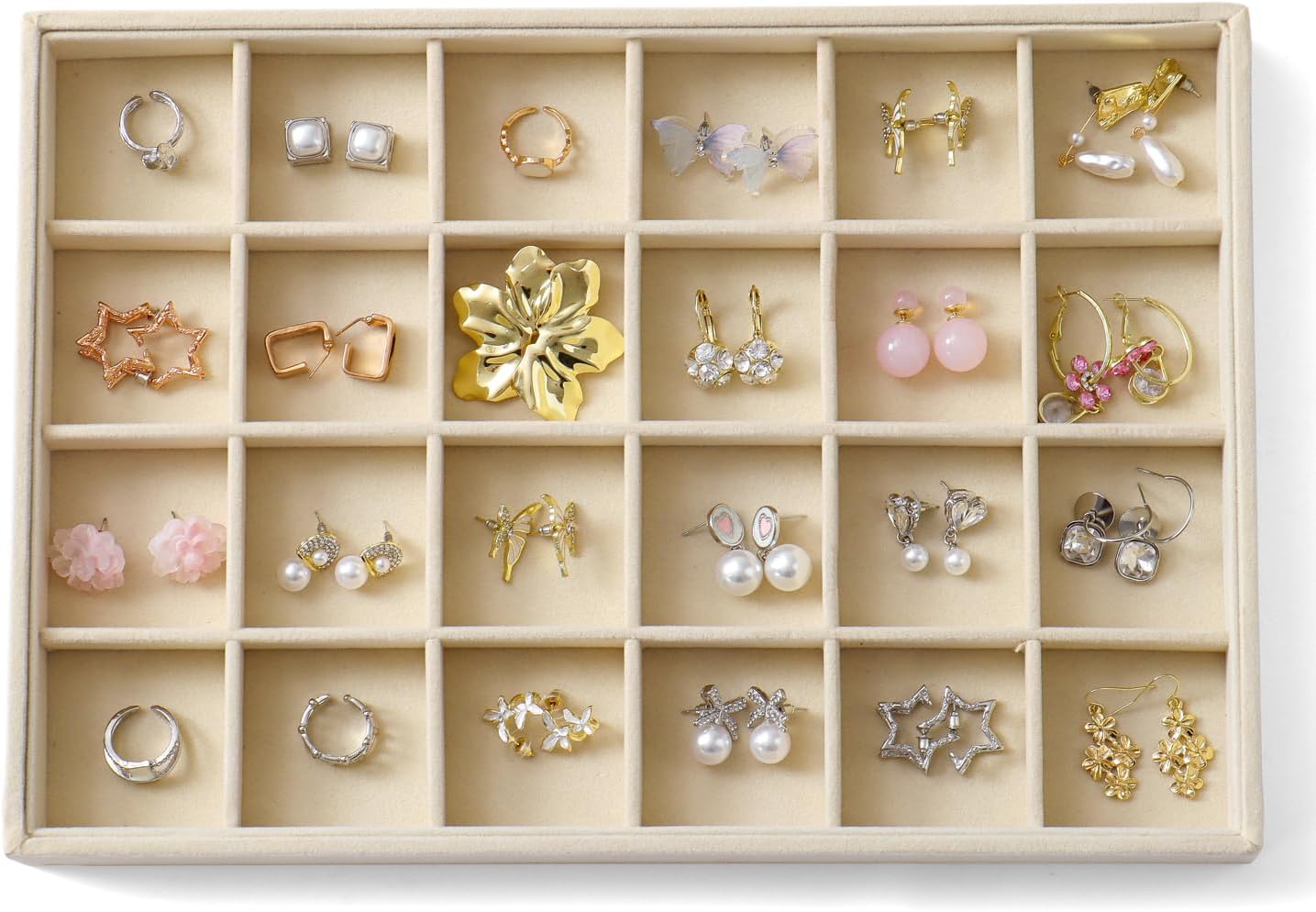 Large Jewelry Organizer for Drawer Insert Velvet Stackable Jewelry Trays for Earring Necklace Bracelet Ring Display (Beige, 24 Grids)