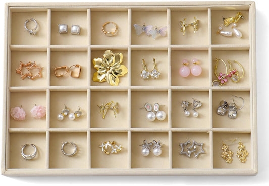 Large Jewelry Organizer for Drawer Insert Velvet Stackable Jewelry Trays for Earring Necklace Bracelet Ring Display (Beige, 24 Grids)