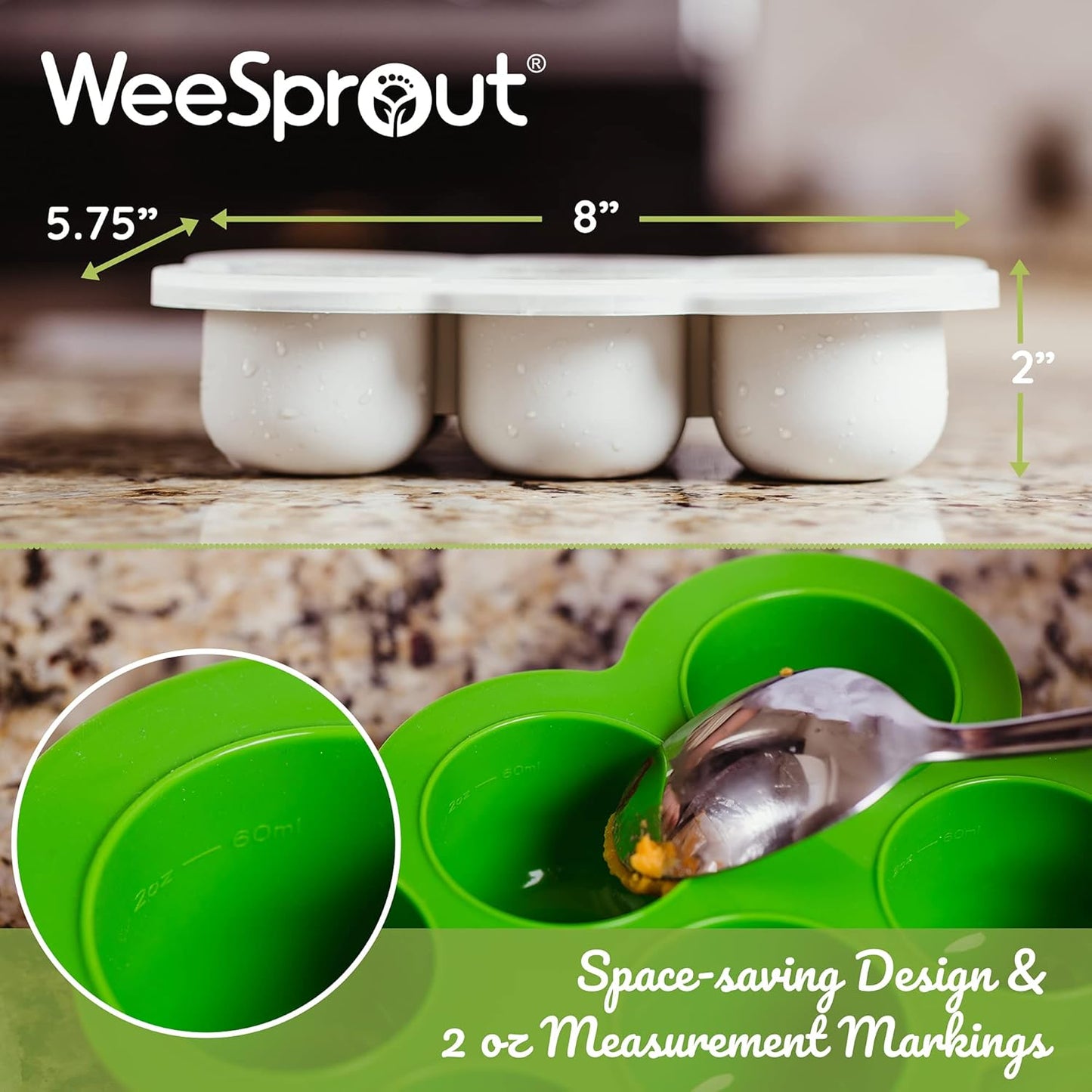 WeeSprout Silicone Freezer Tray with Clip on Lid Perfect Food Storage Container for Homemade Baby Food, Vegetable, Fruit Purees, and Breast Milk (Bright Grey, Six 3 Ounce Sections)