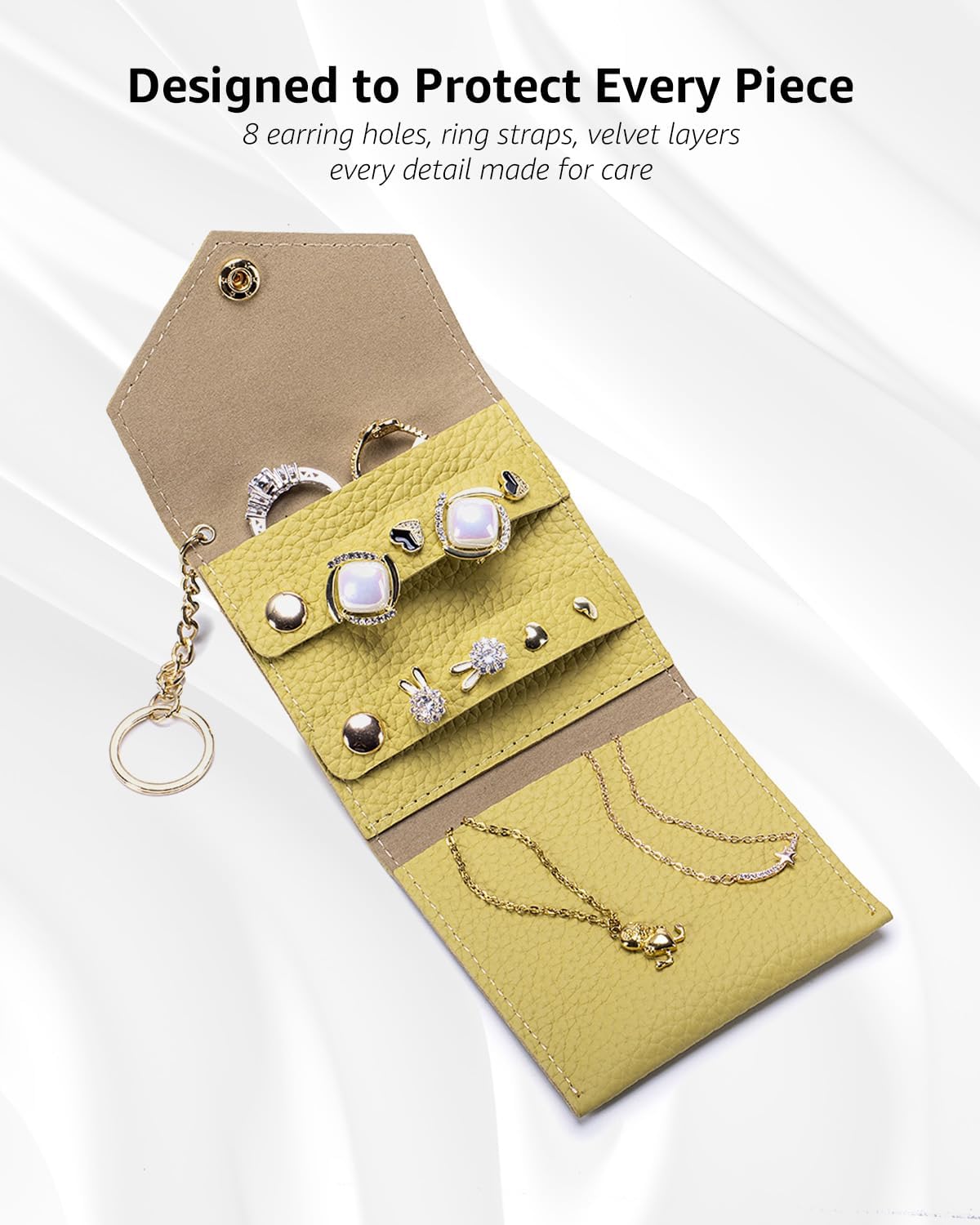 Small Travel Jewelry Organizer Case for Women, Genuine Leather Mini Jewelry Roll with Keychain, Portable Earring Ring Necklace Storage Pouch for Short Trips & Daily Use (Lemon Yellow)