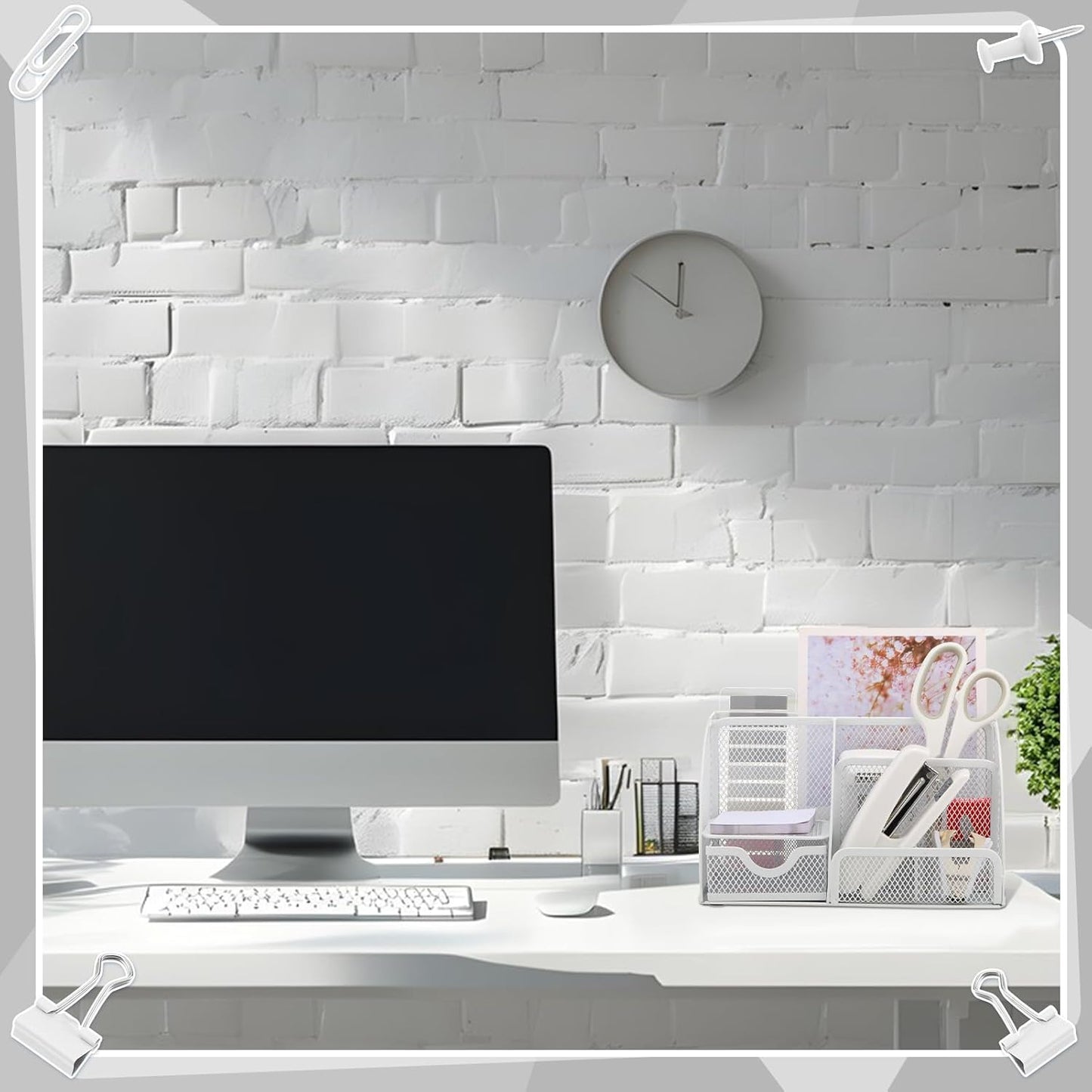 11 in 1 Desk Organizers and Accessories - White Office Supplies - Includes White Stapler, Tape Dispenser, Pen Holder, Staple Remover, Clips, Ruler, Scissors, Tapes, Tabs