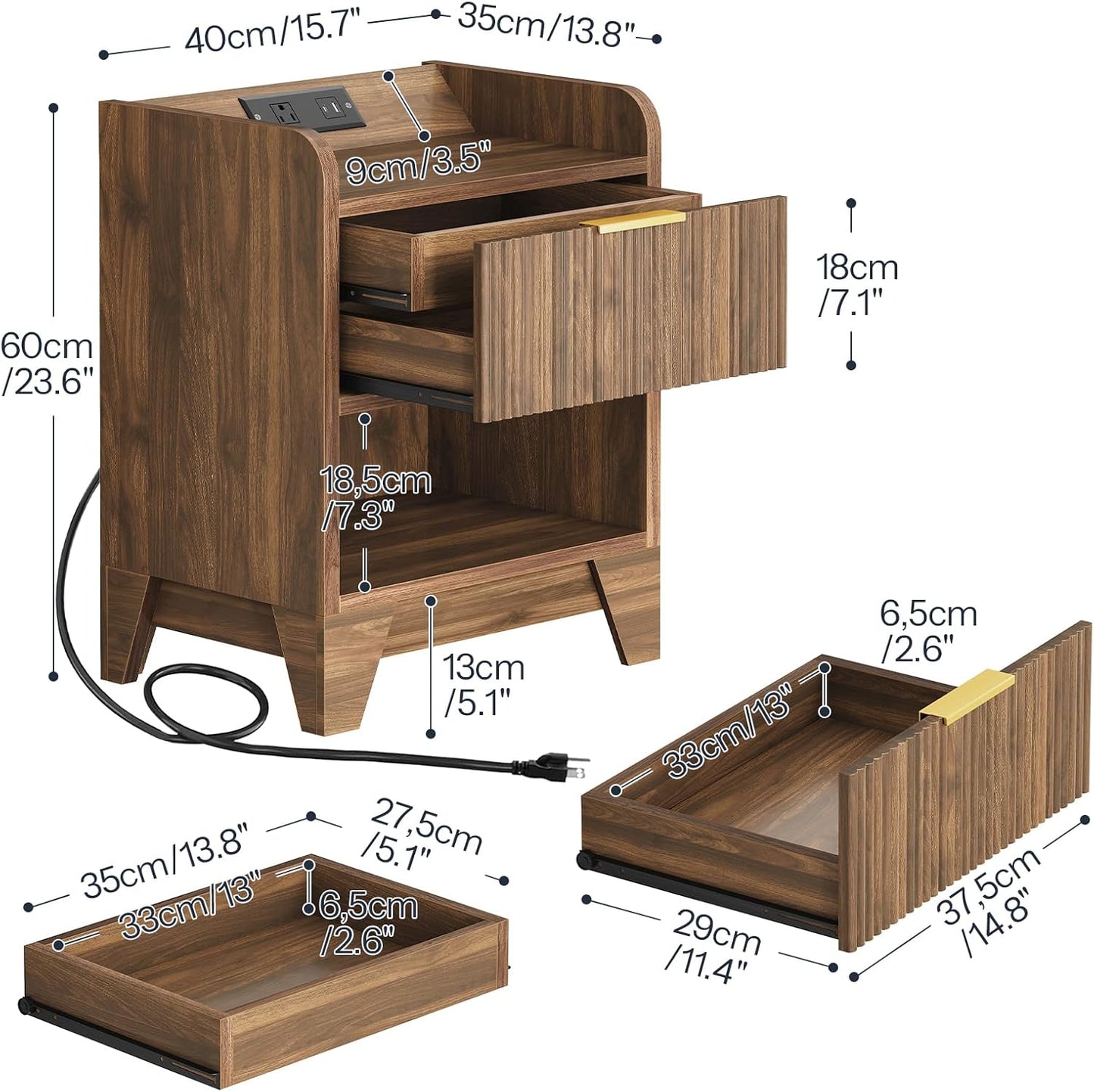 HOOBRO Fluted Nightstand with Charging Station, End Table with Hidden Drawer, Modern Bedside Table, Wooden Night Stand for Bedroom, Study, Dark Walnut WL351UBZ01